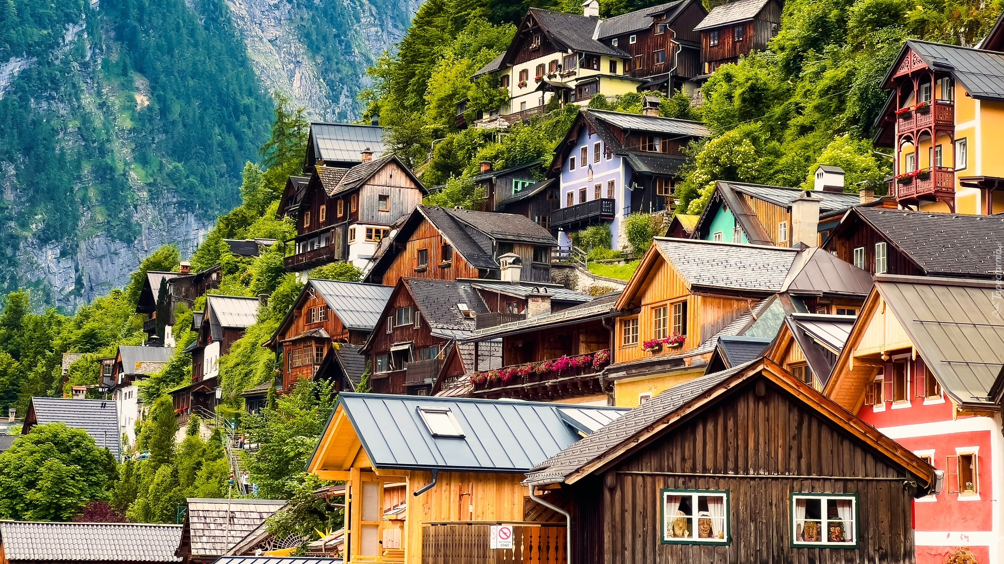 Austria, Hallstatt, Domy, Góry, Drzewa