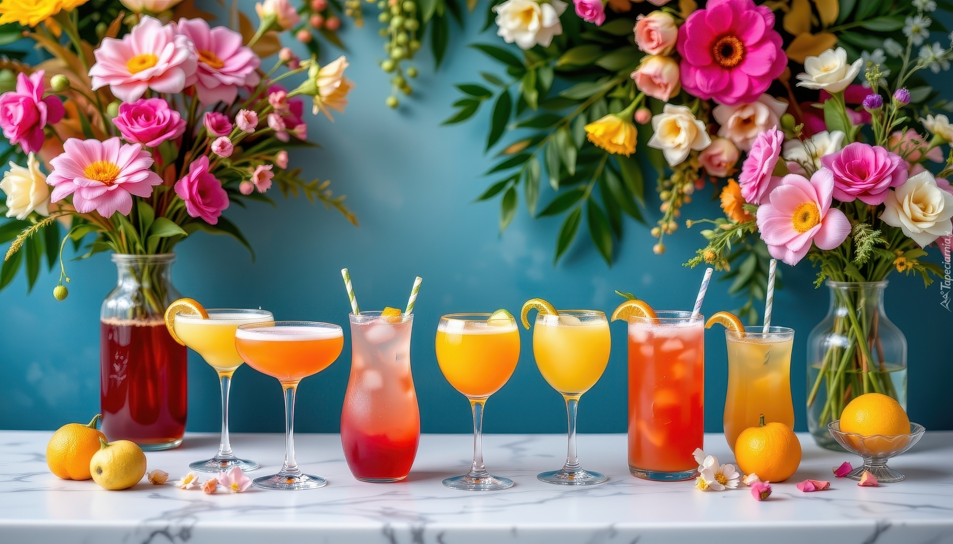 Kolorowe, Drinki, Kieliszki, Szklanki, Pomarańcze, Kwiaty, Wazony, Stół