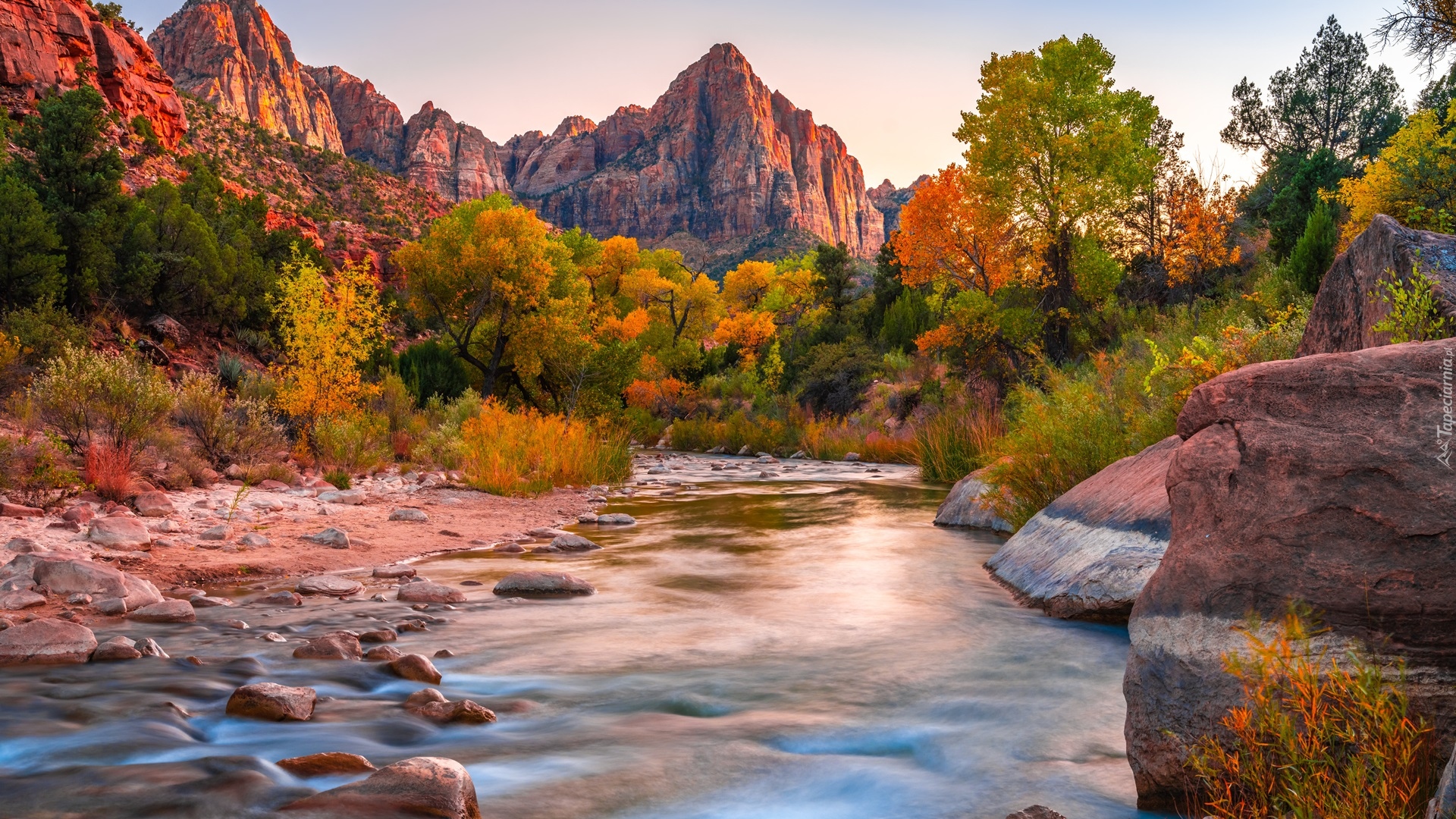 Park Narodowy Zion, Góry Watchman, Rzeka, Virgin River, Kamienie, Drzewa, Jesień, Stan Utah, Stany Zjednoczone