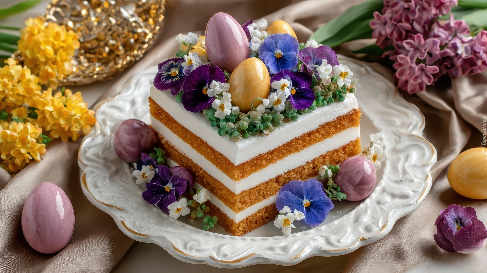 Ciasto, Piernik, Talerz, Kwiaty, Kolorowe, Jajka, Wielkanoc