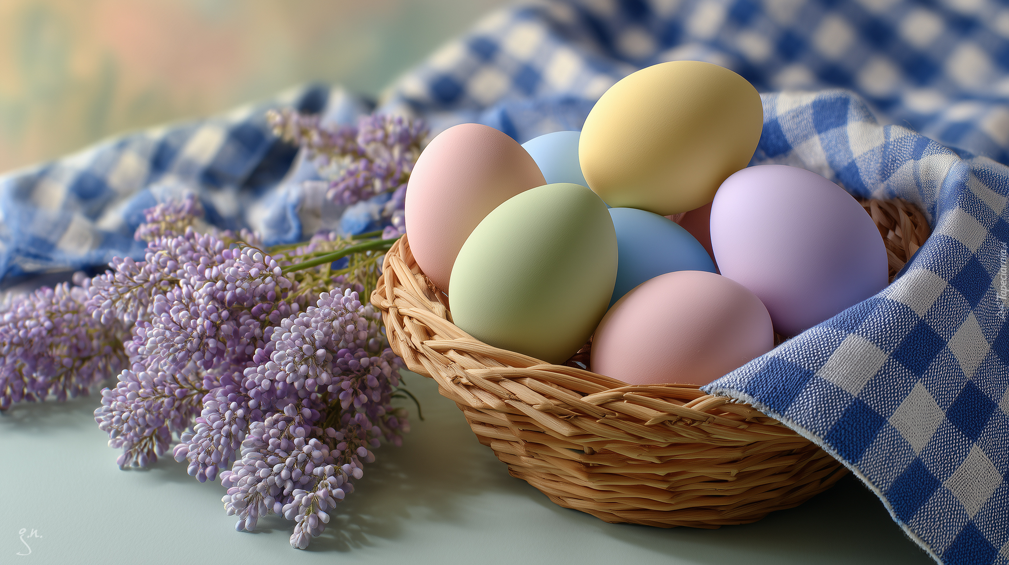 Kolorowe, Jajka, Koszyk, Serweta, Fioletowe, Kwiaty, Grafika Ai, Wielkanoc