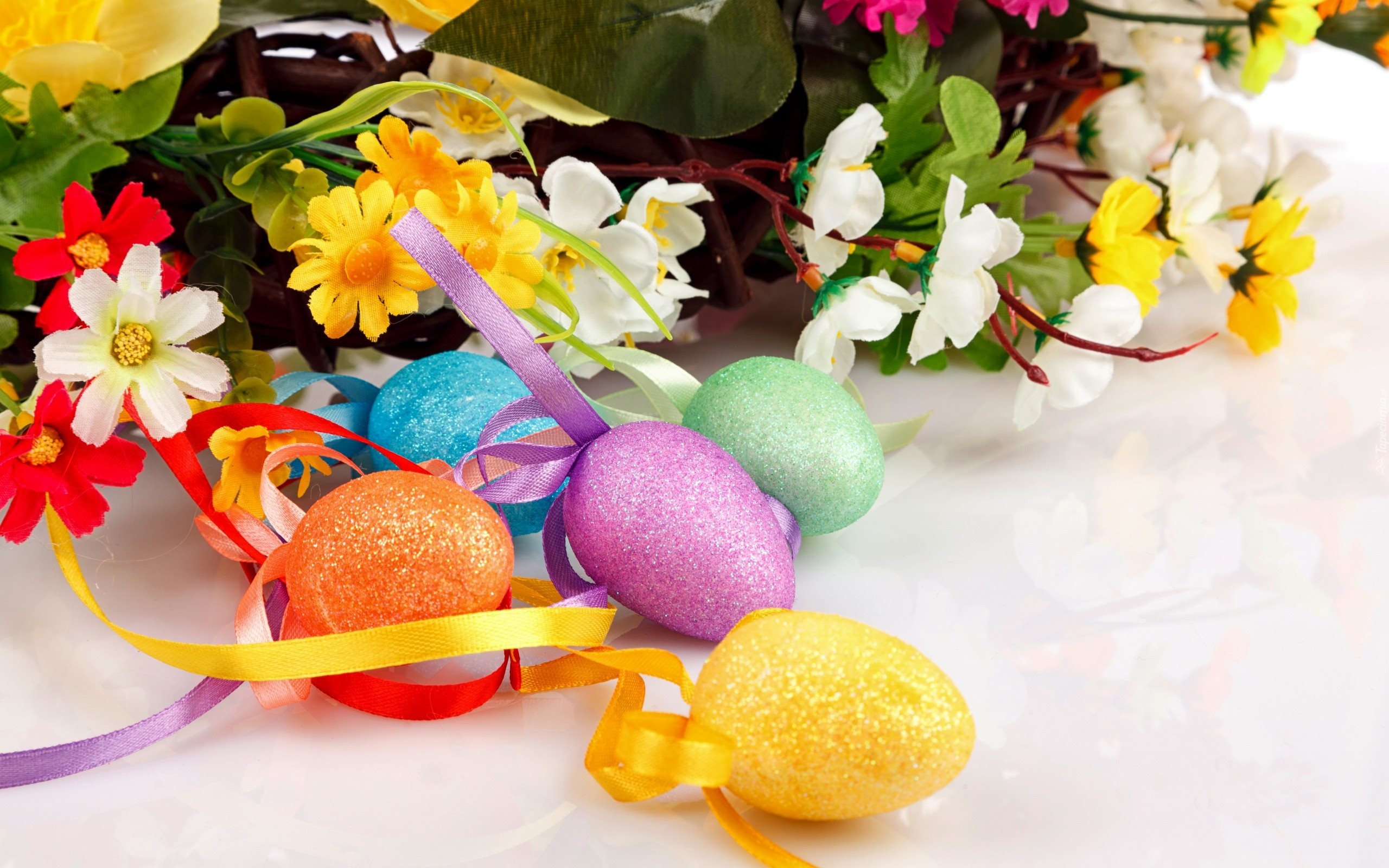 Wielkanoc, Kolorowe, Jajka, Kwiaty, Wstążki