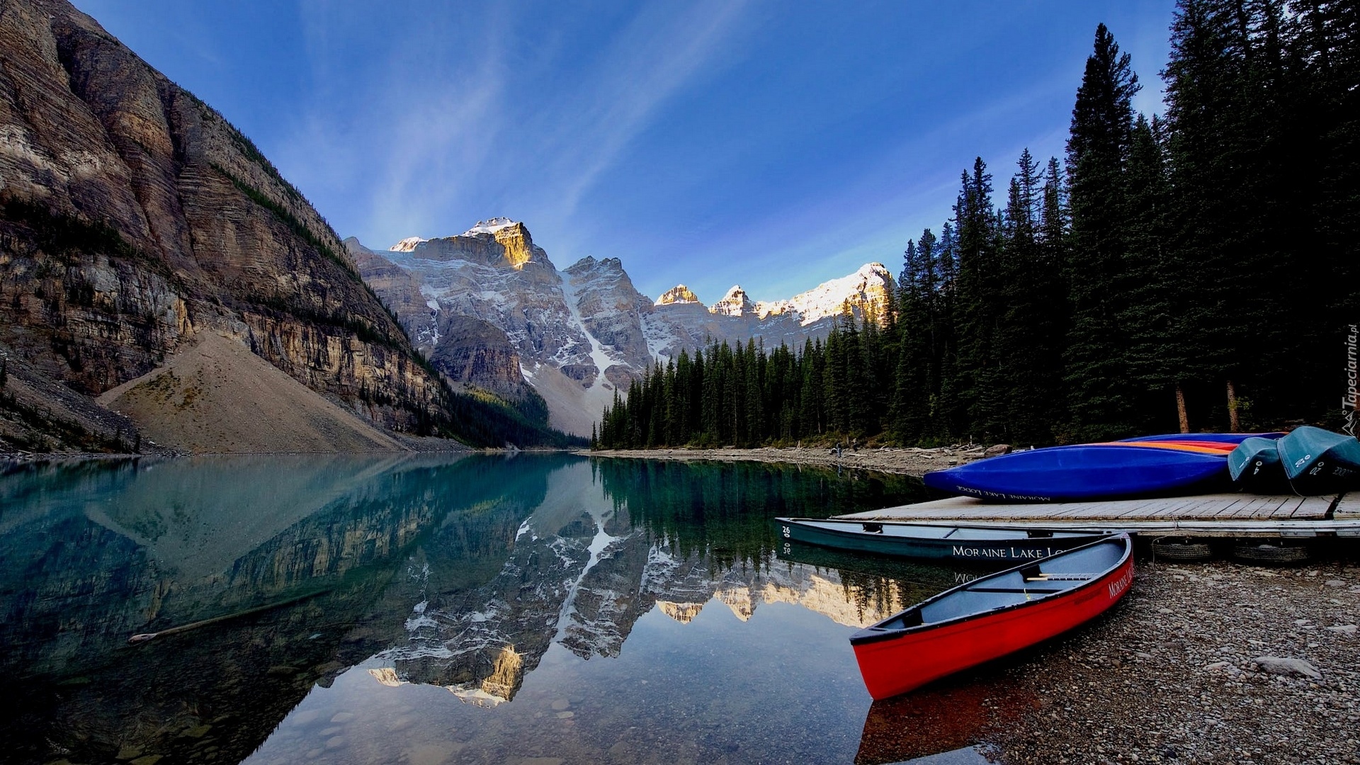 Park Narodowy Banff, Góry Skaliste, Kajaki, Jezioro, Moraine Lake, Drzewa, Odbicie, Alberta, Kanada