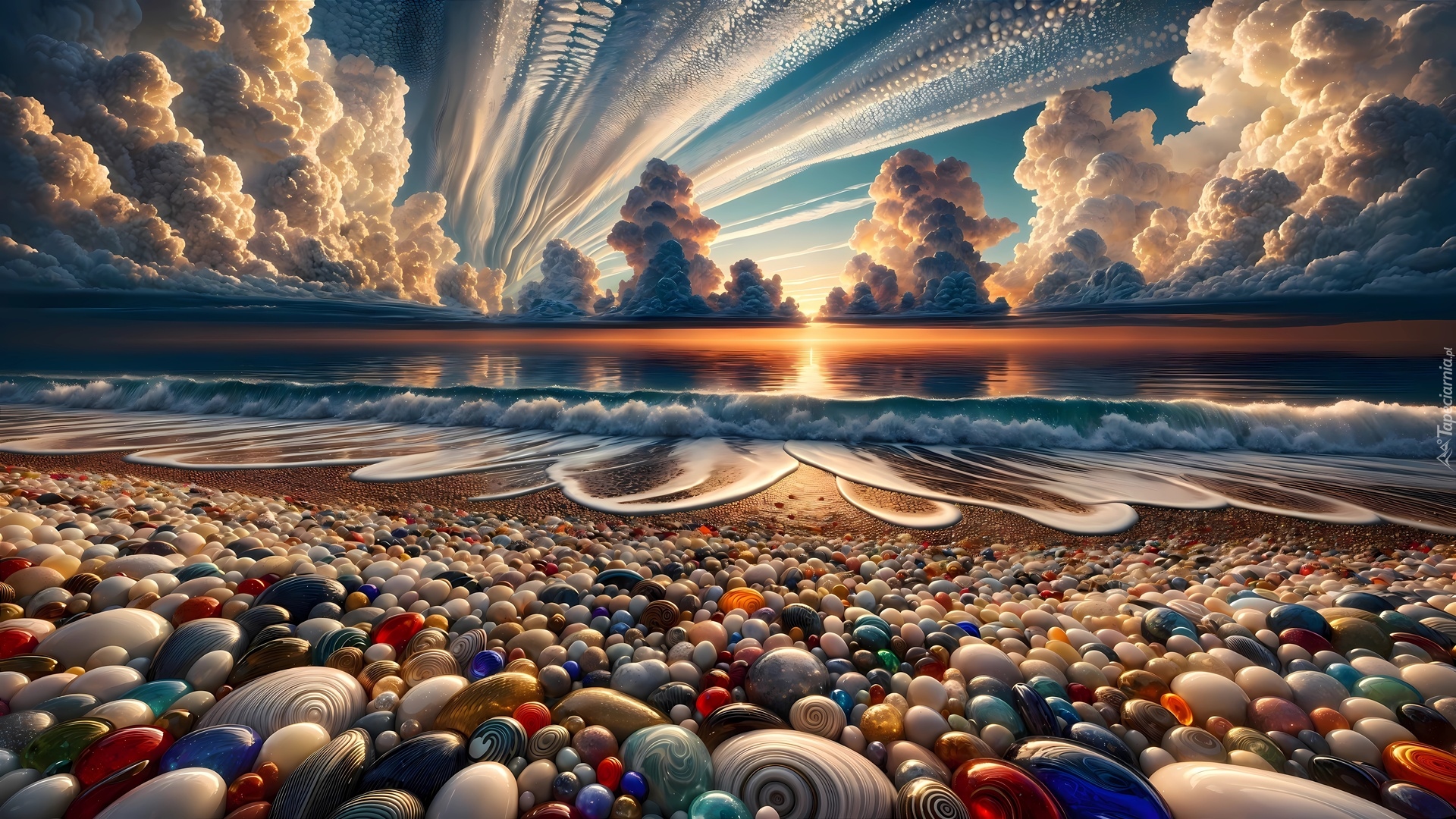 Plaża, Kolorowe, Kamienie, Morze, Niebo, Chmury, Grafika AI