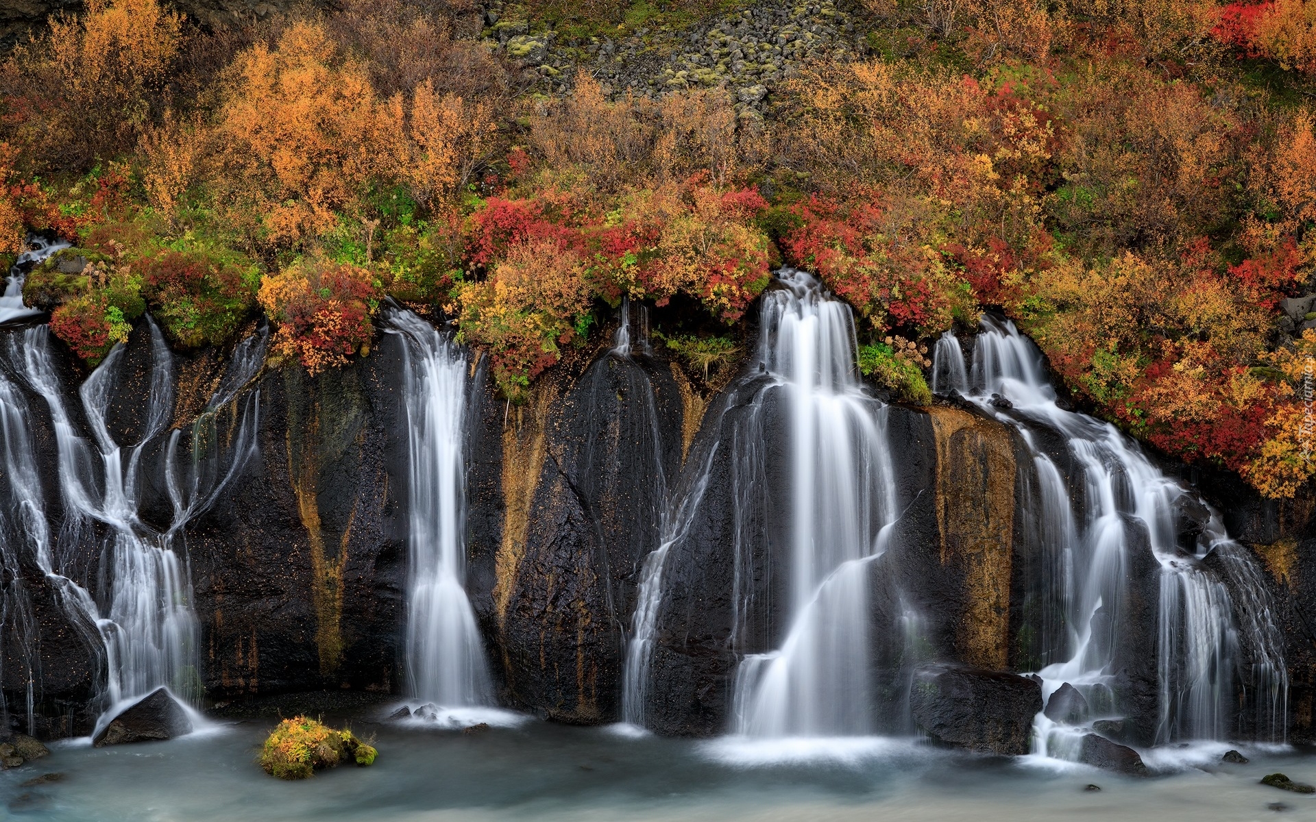 Jesień, Skały, Wodospad Hraunfossar, Roślinność, Islandia