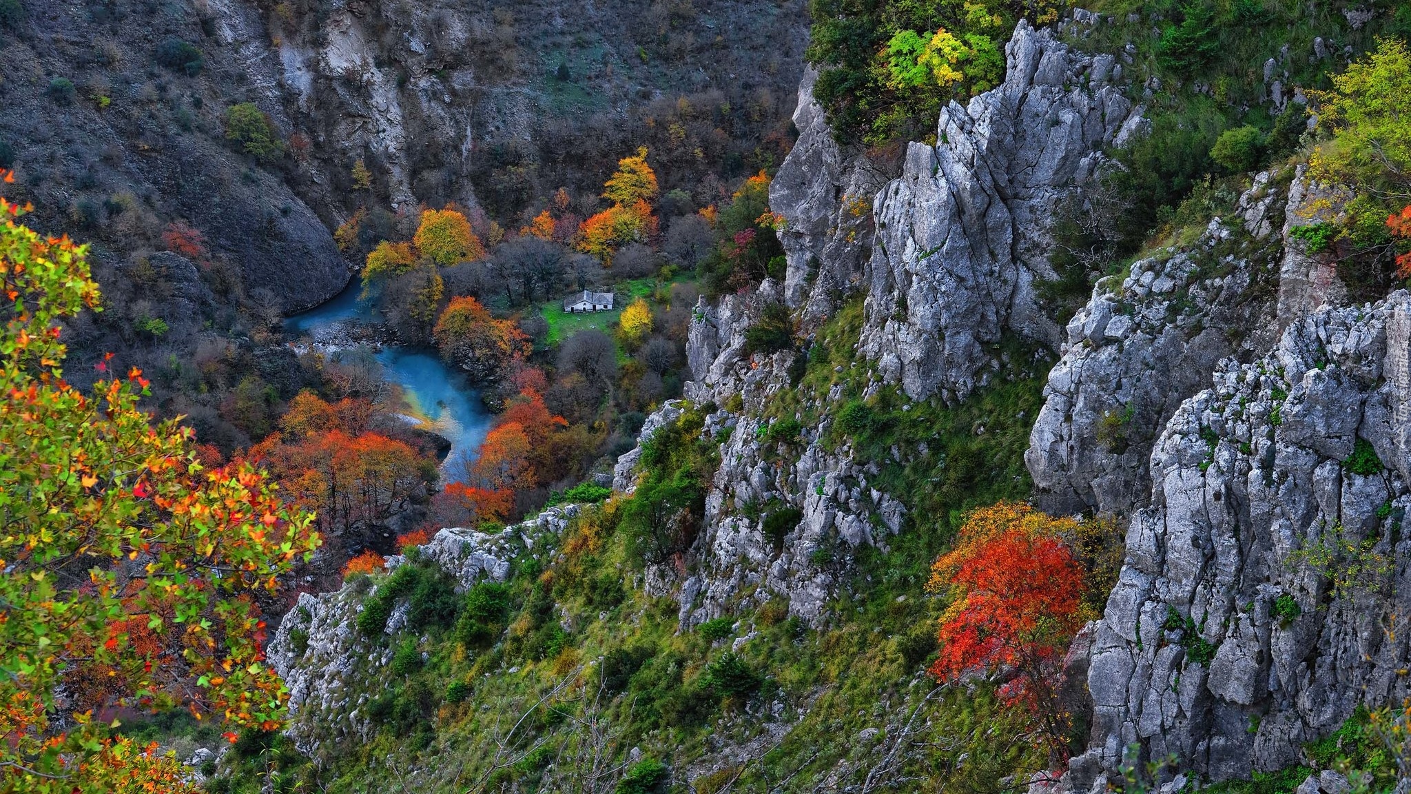 Skały, Kolorowe, Krzewy, Drzewa, Rzeka, Wąwóz, Vikos Gorge, Grecja