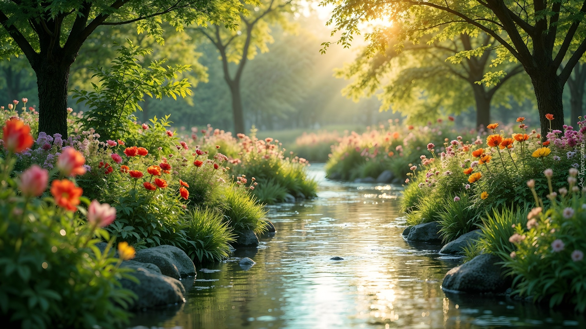 Strumień, Drzewa, Kwiaty, Słoneczny blask
