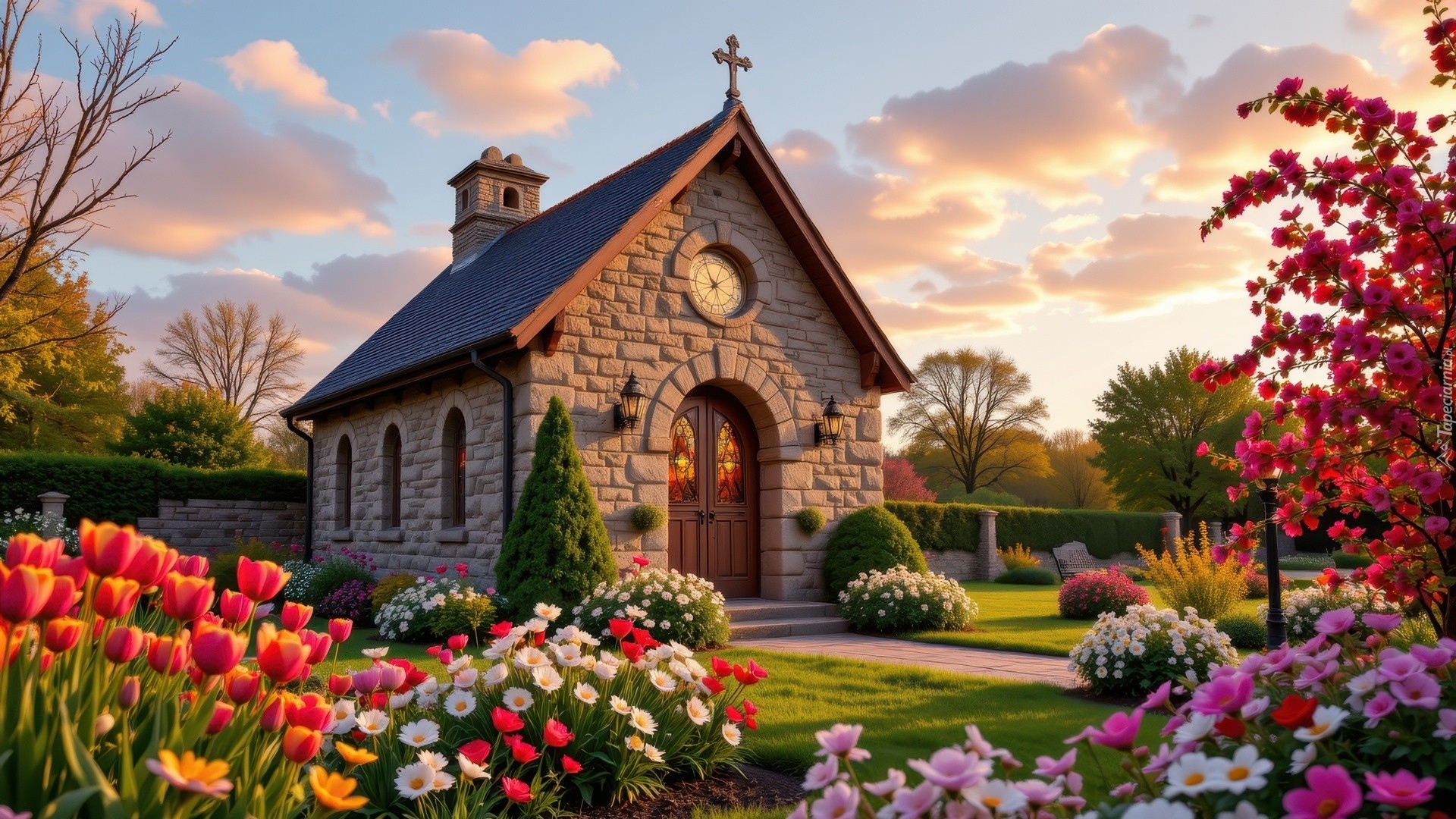 Kościół, Ogród, Kwiaty, Tulipany, Drzewa