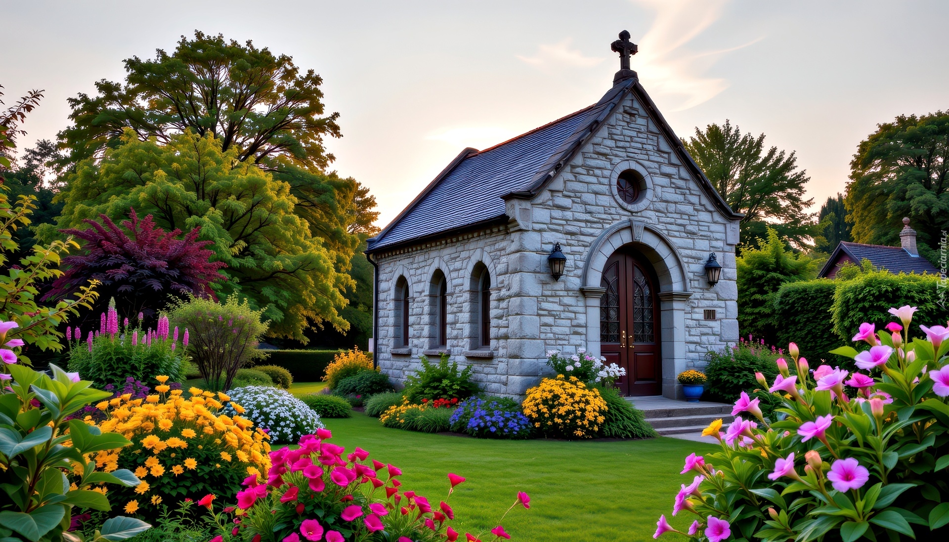 Kaplica, Kościół, Kwiaty, Ogród, Drzewa, Grafika AI