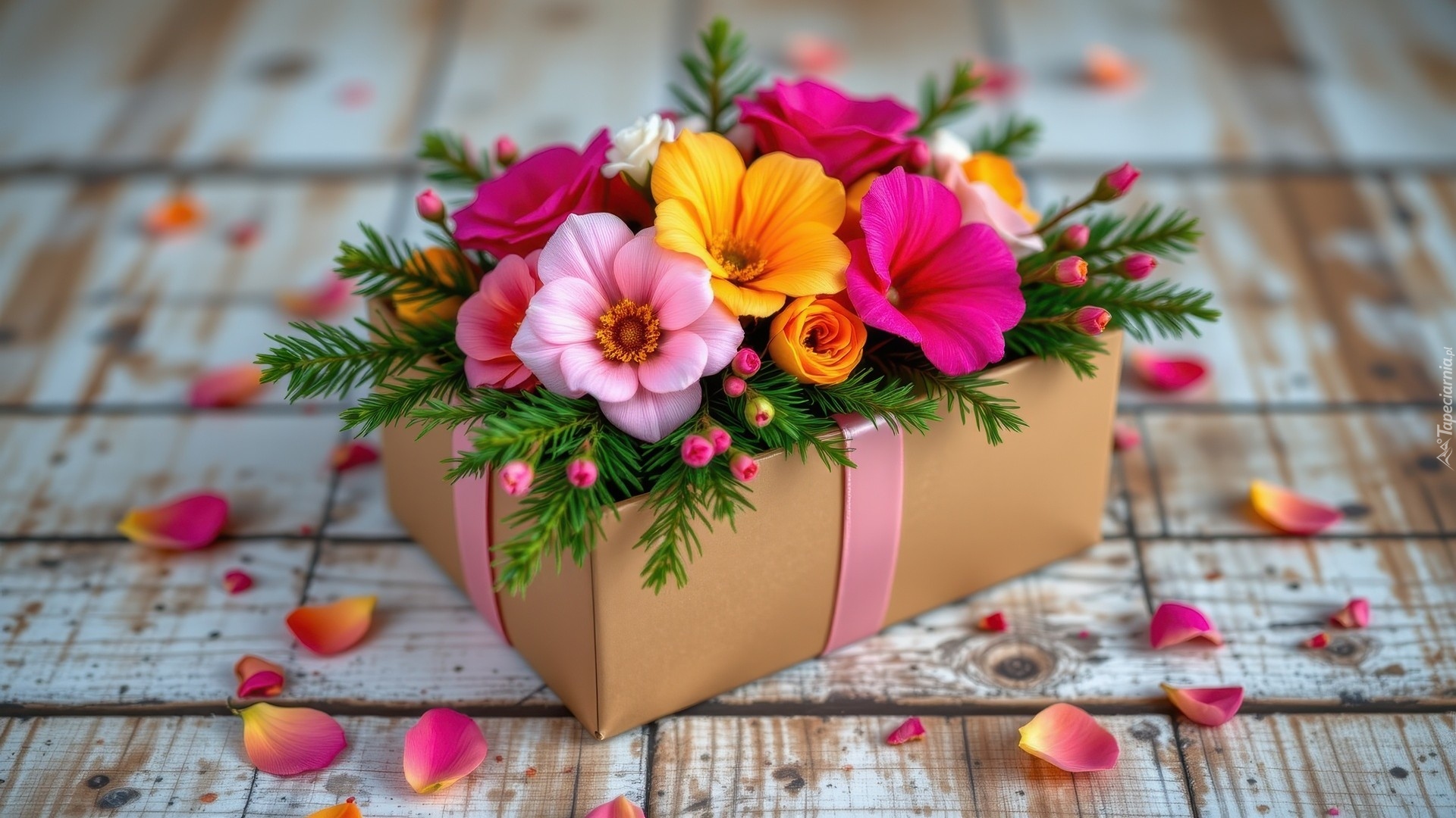 Prezent, Wstążka, Kolorowe, Kwiaty, Płatki, Kwiatów, Deski