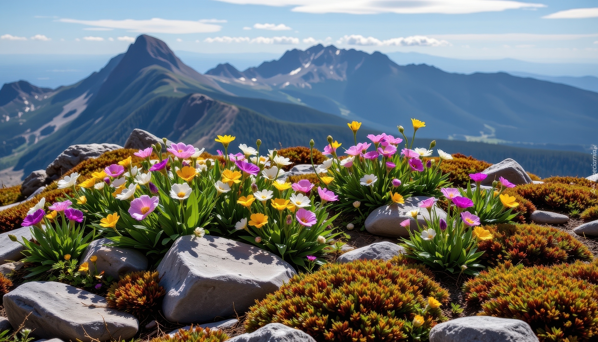 Kolorowe, Kwiaty, Kamienie, Mech, Góry, Grafika AI