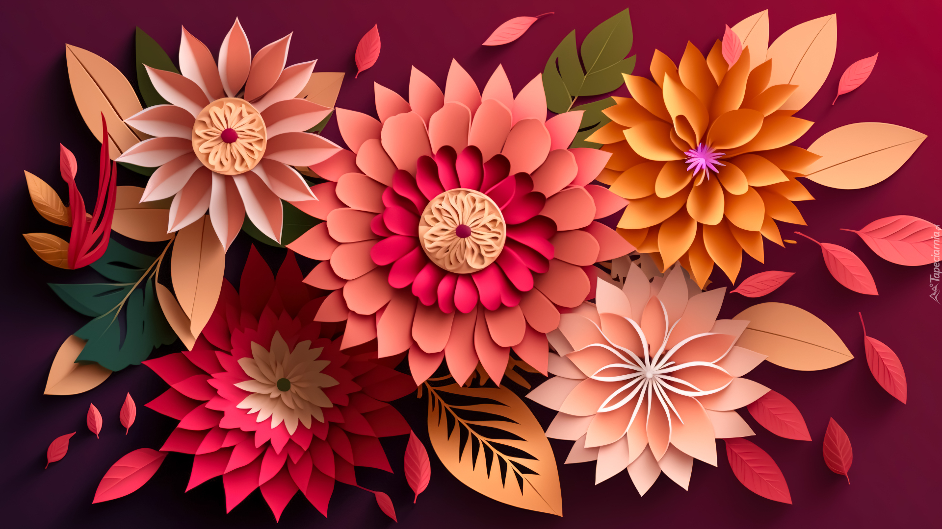 Kwiaty, Kolorowe, Liście, Kompozycja, Grafika AI