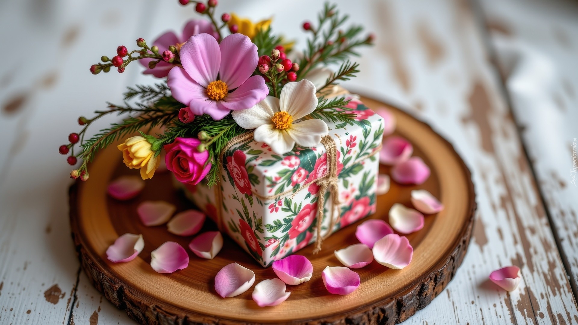 Prezent, Kolorowe, Kwiaty, Plaster, Drewna, Różowe, Płatki, Kwiatów