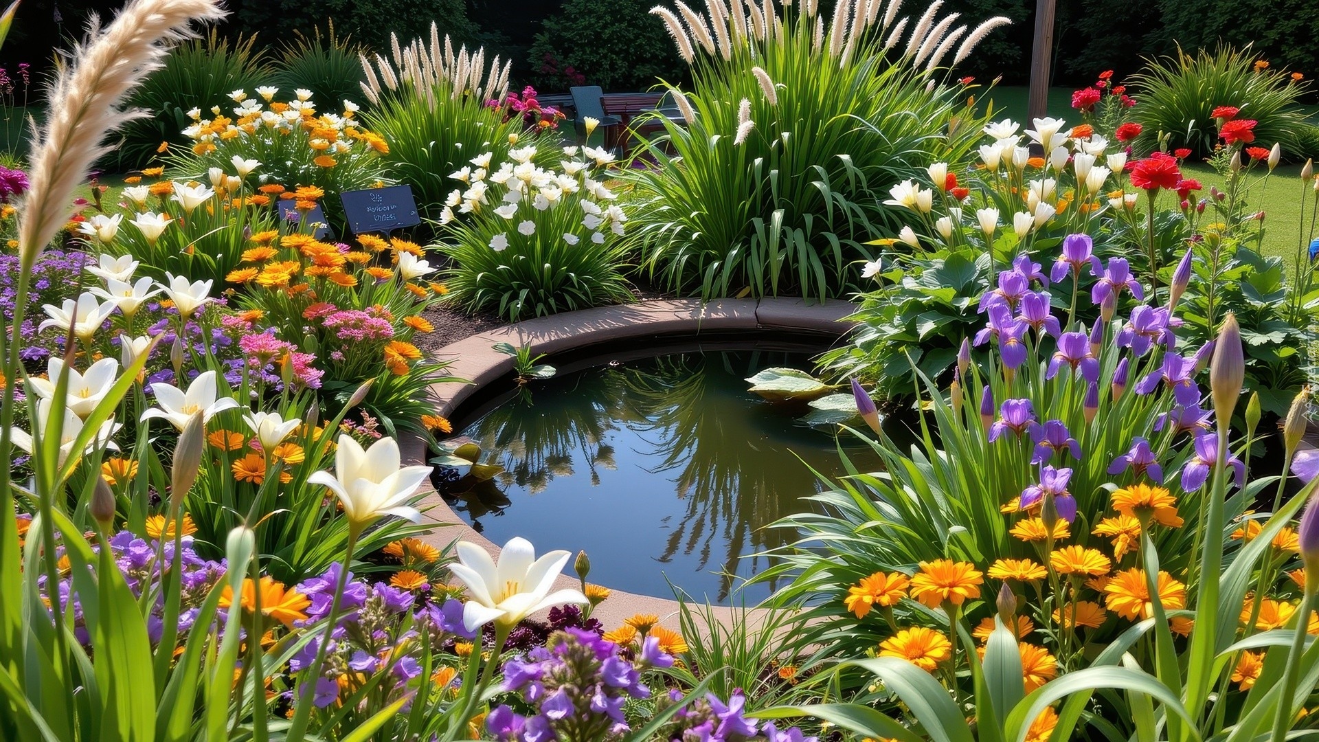 Ogród, Oczko, Wodne, Kolorowe, Kwiaty, Trawy, Ozdobne