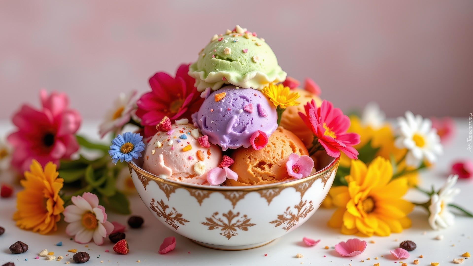 Gałki, Wielosmakowe, Lody, Miska, Kolorowe, Kwiaty