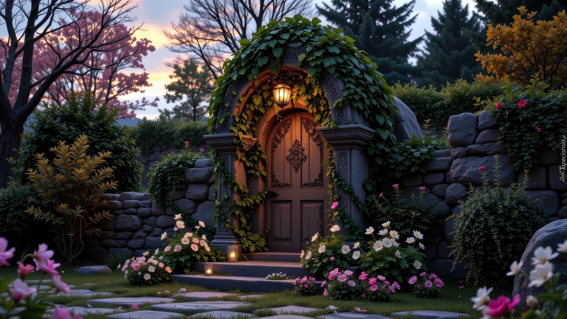 Mur, Schody, Drzwi, Latarnia, Różowe, Białe, Kwiaty, Rośliny, Drzewa