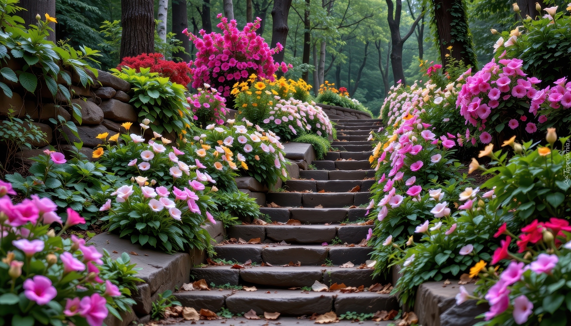 Schody, Kolorowe, Kwiaty, Ogród