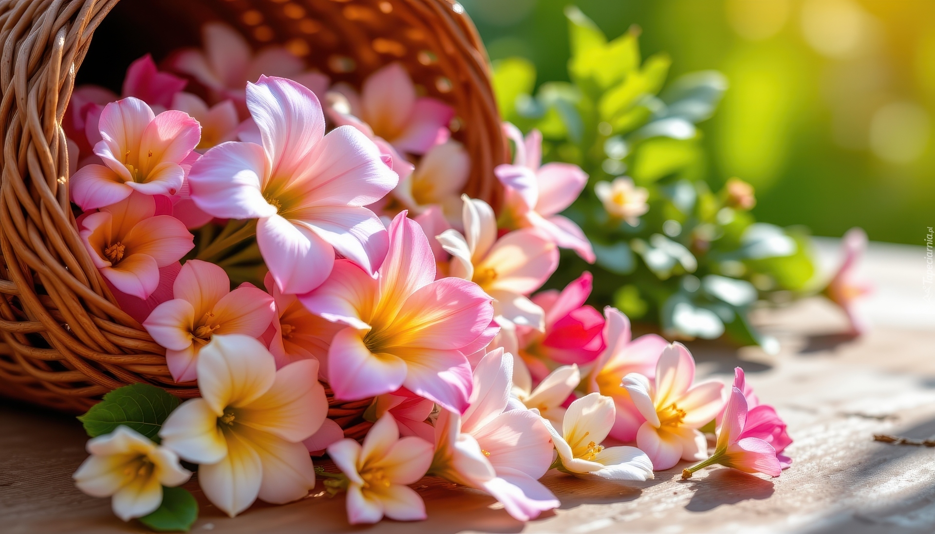 Różowe, Kwiaty, Listki, Wiklinowy, Koszyk