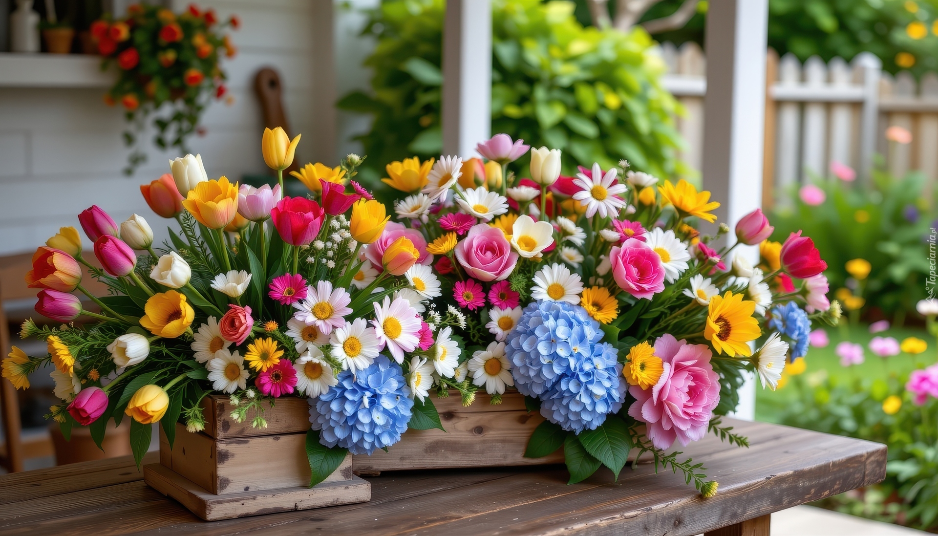 Kolorowe, Kwiaty, Skrzynka, Stół