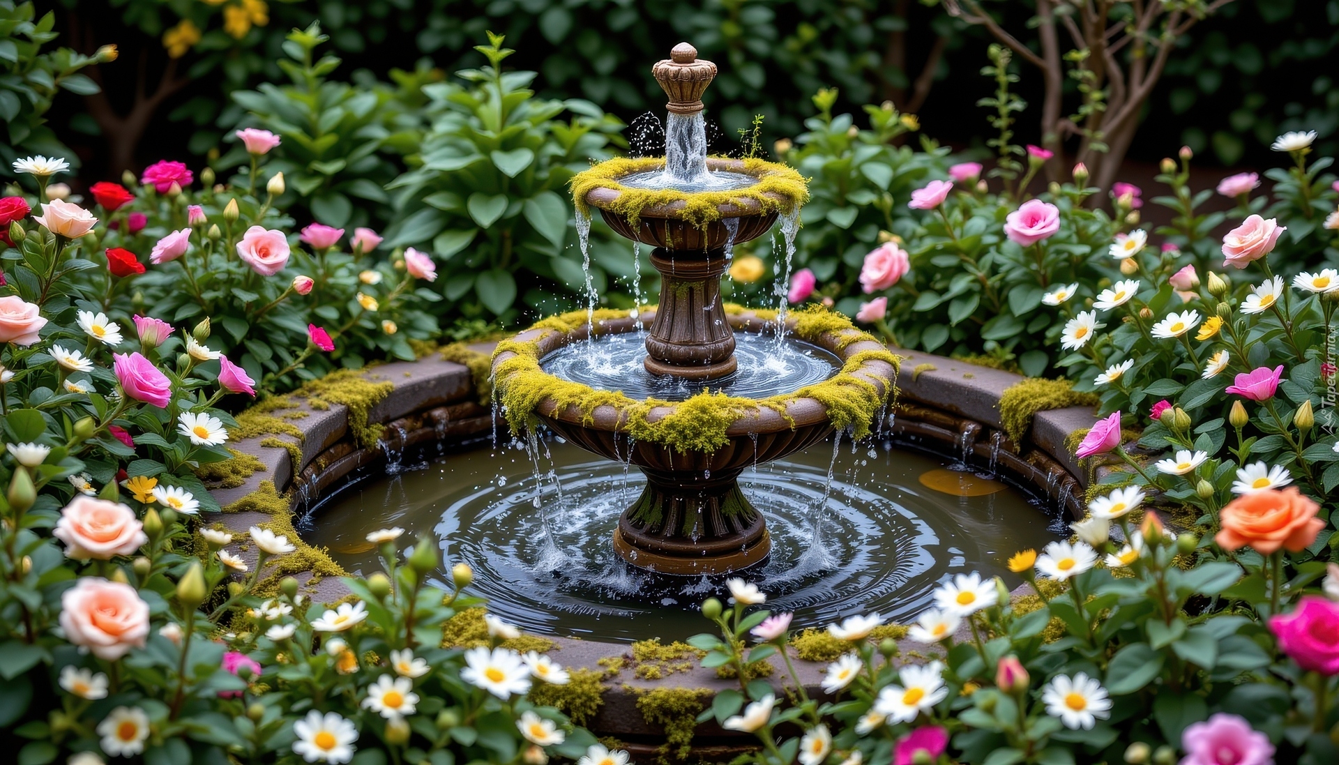 Fontanna, Kolorowe, Kwiaty, Ogród