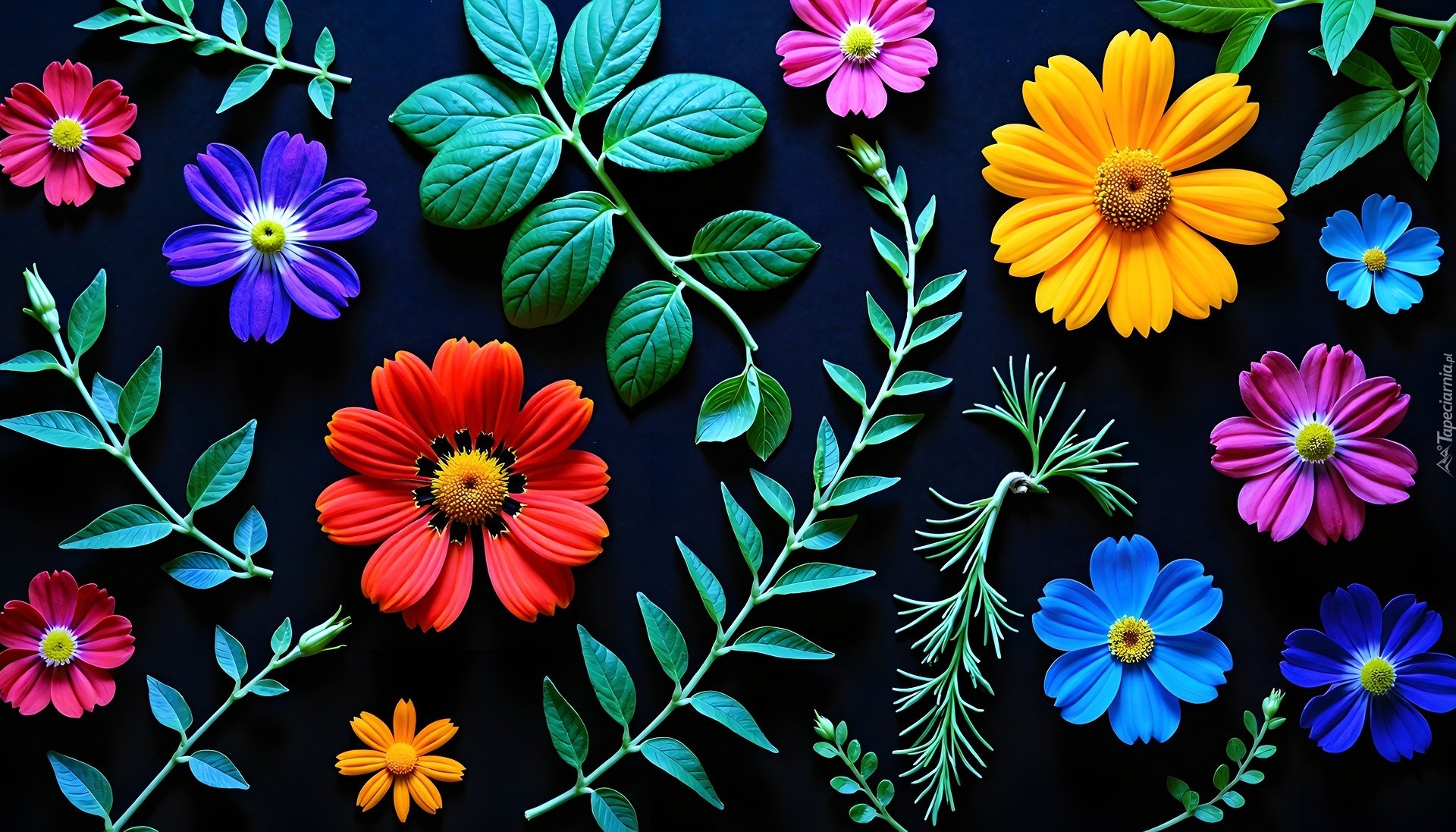 Liście, Kolorowe, Kwiaty, AI