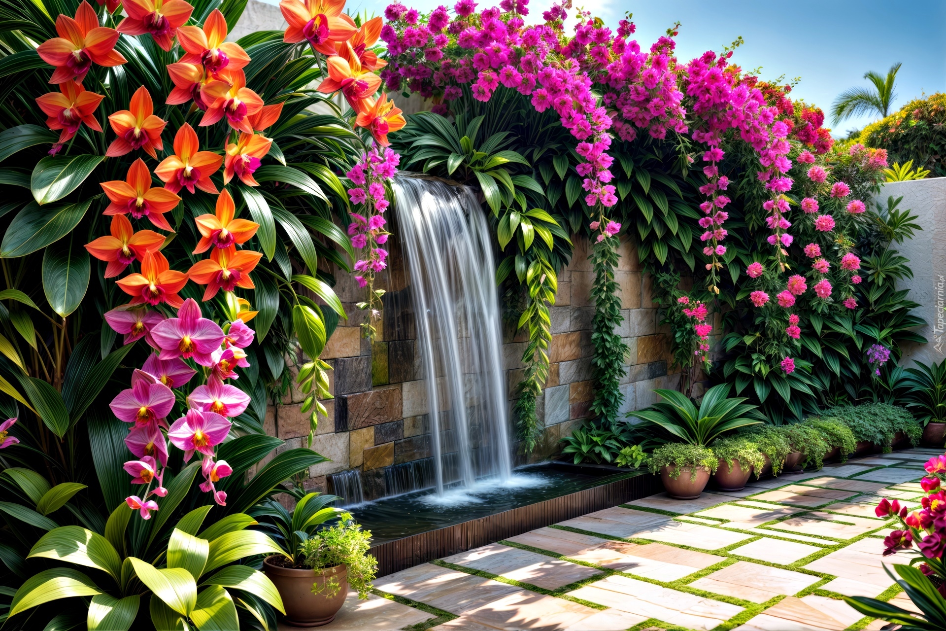 Ogród, Kolorowe, Kwiaty, Ściana, Woda, Grafika