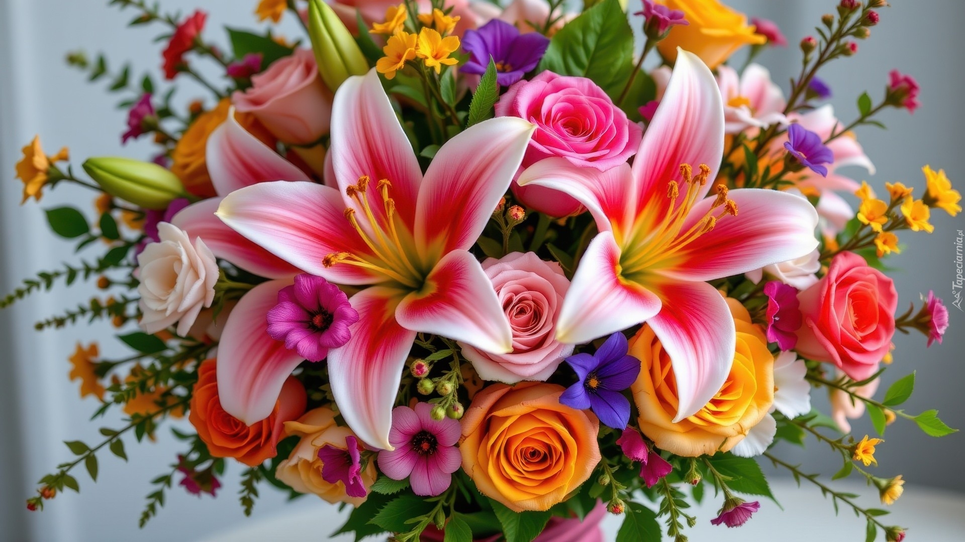 Bukiet, Kolorowe, Kwiaty, Lilie, Róże
