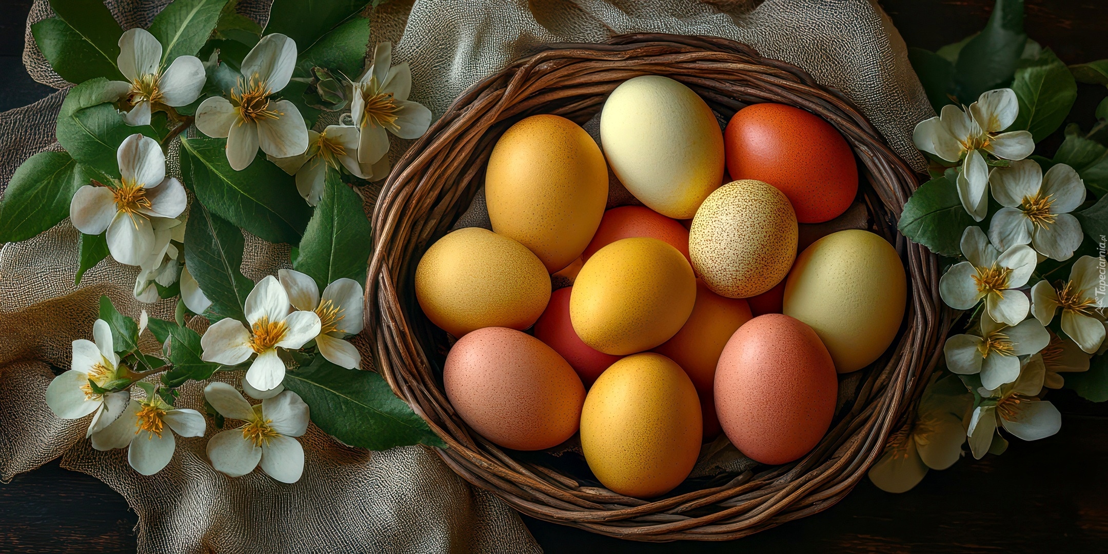 Kolorowe, Pisanki, Koszyk, Kwiaty, Tkanina, Wielkanoc, Grafika