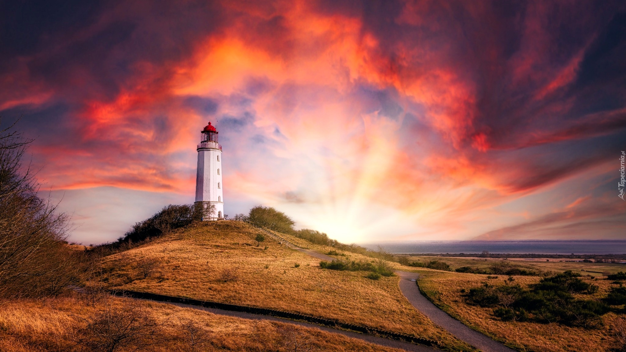 Latarnia morska, Dornbusch Lighthouse, Zachód słońca, Chmury, Hiddensee, Niemcy