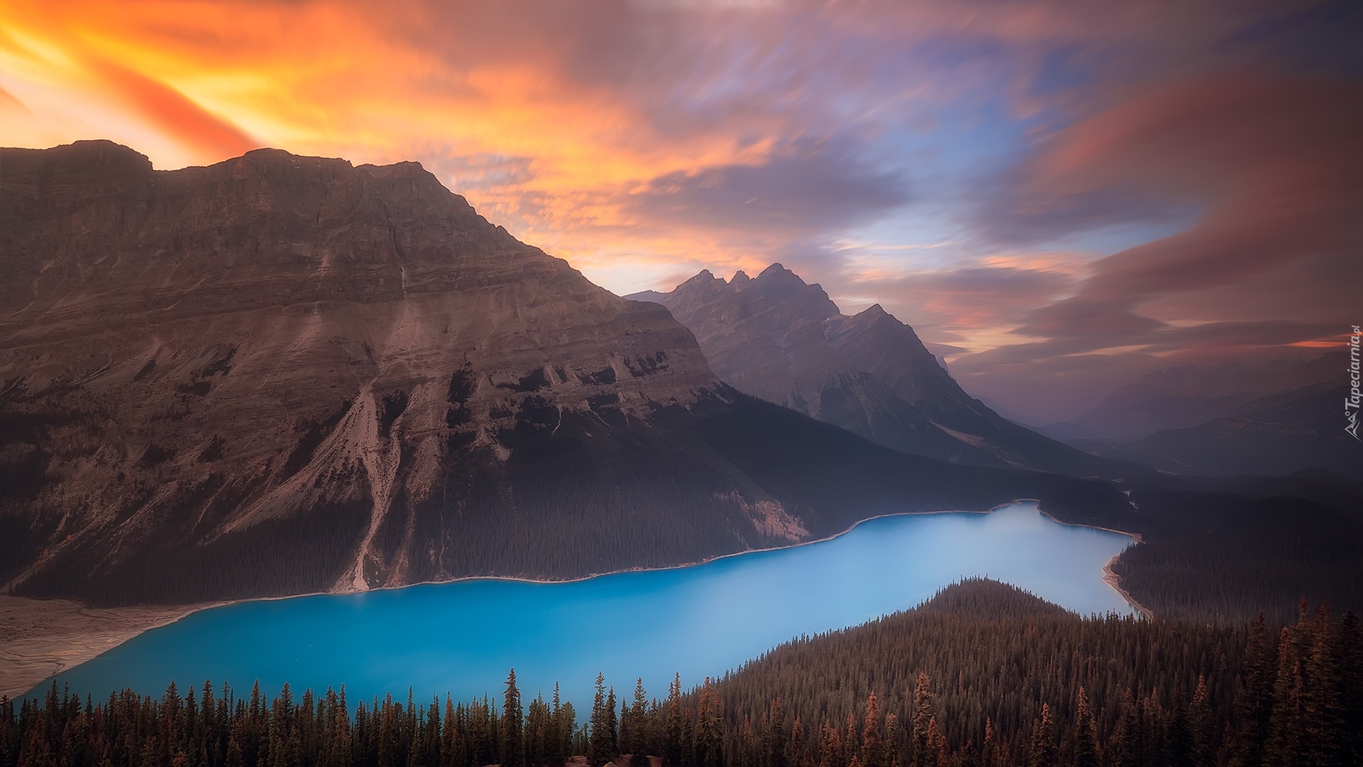 Park Narodowy Banff, Jezioro, Peyto Lake, Góry, Canadian Rockies, Lasy, Chmury, Alberta, Kanada