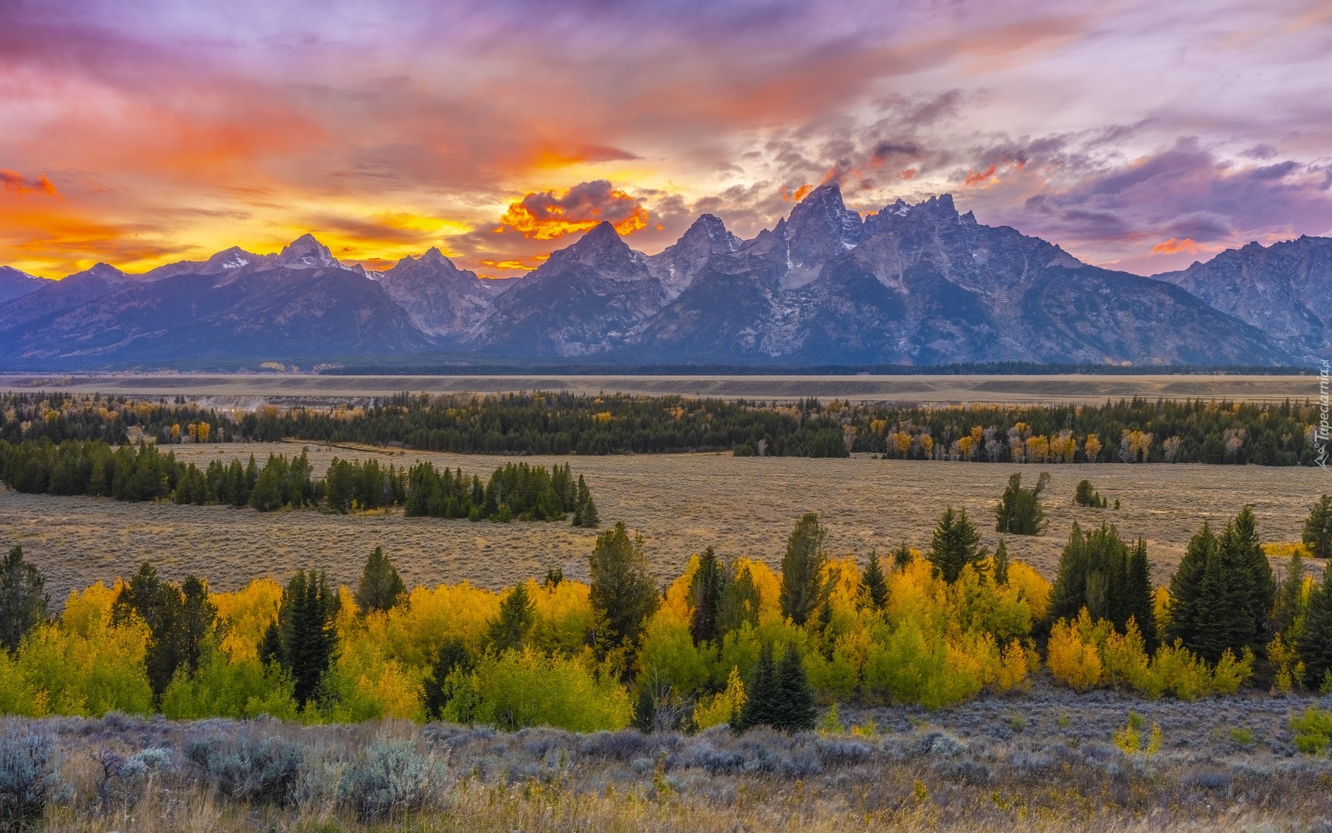 Park Narodowy Grand Teton, Góry, Teton Range, Drzewa, Zachód słońca, Stan Wyoming, Stany Zjednoczone