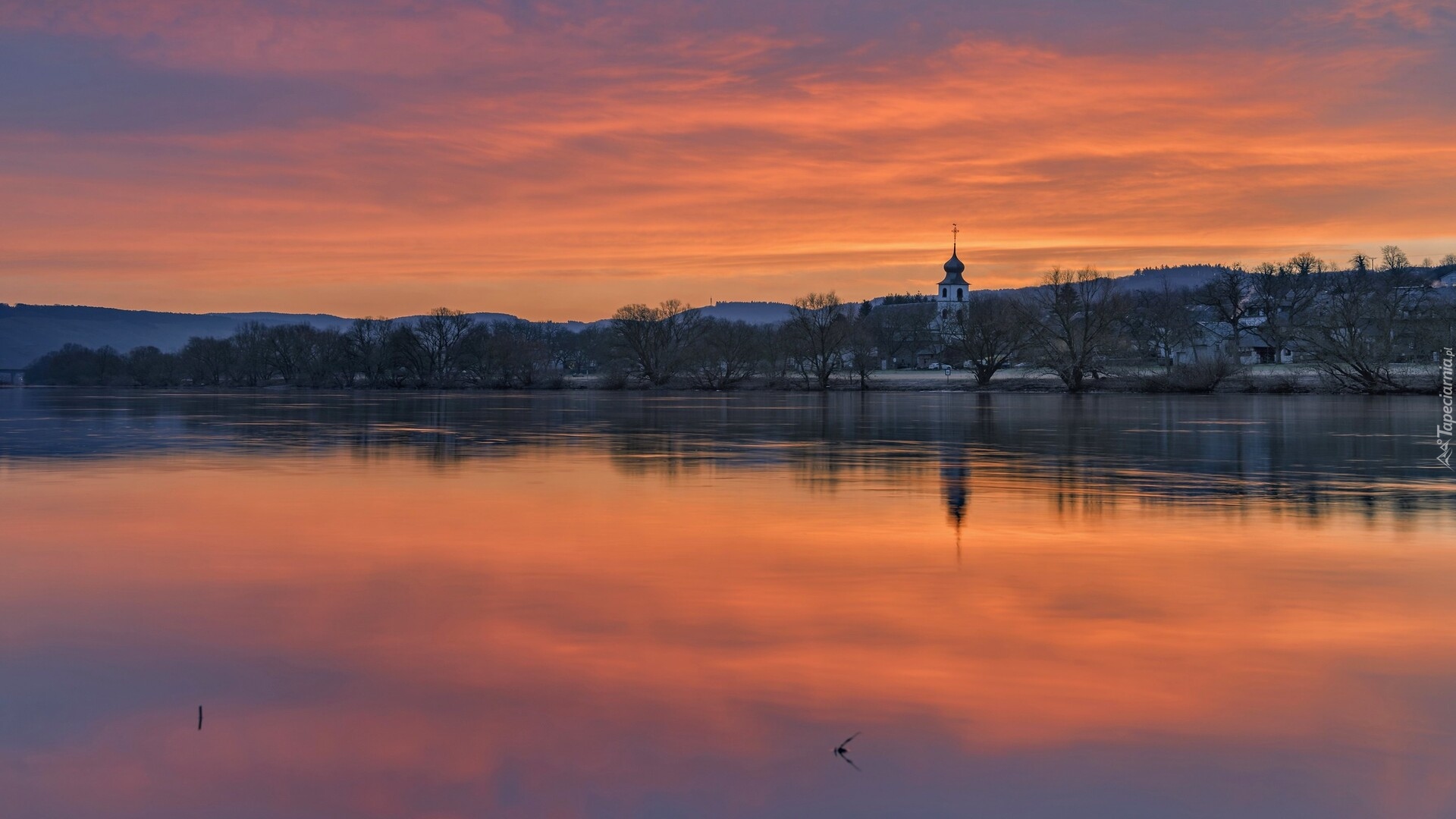 Kościół, Zachód słońca, Rzeka Mozela, Brauneberg, Niemcy