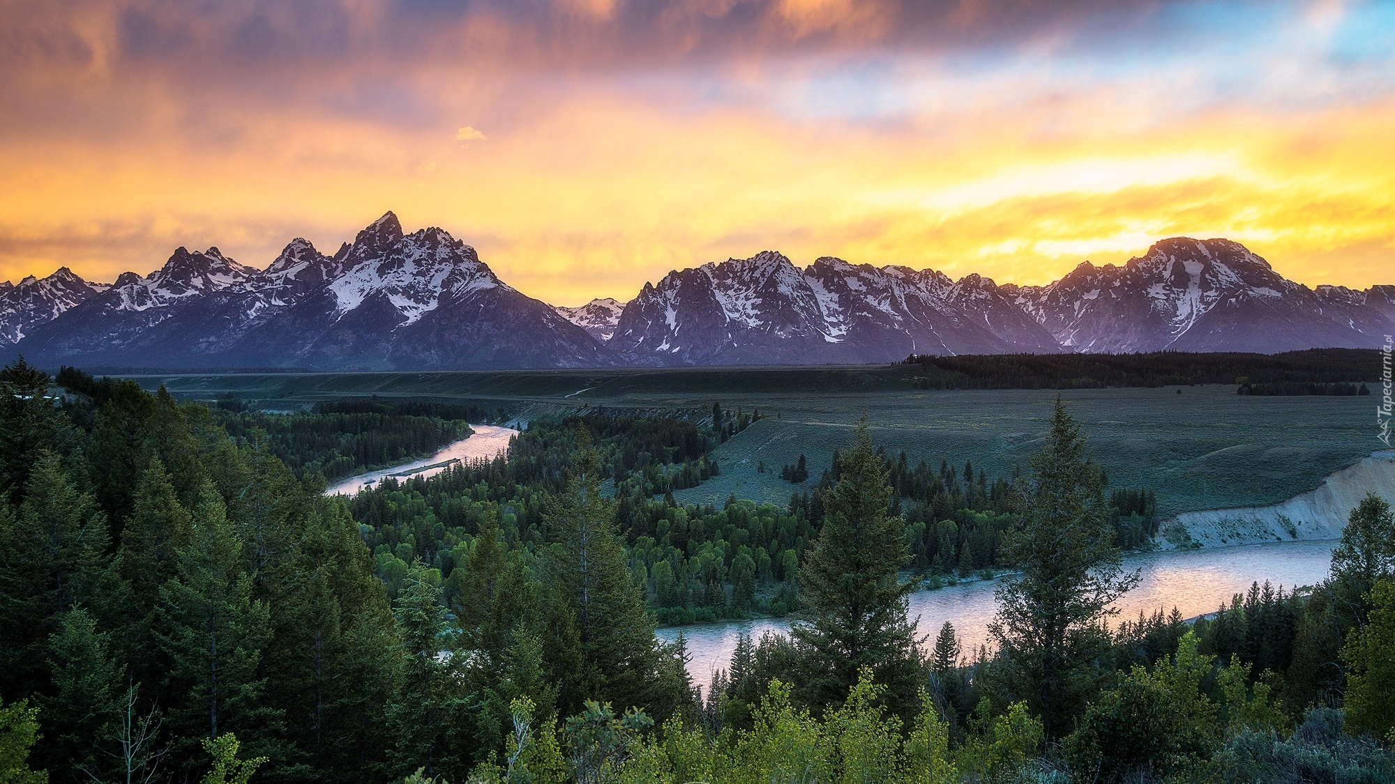 Stany Zjednoczone, Wyoming, Park Narodowy Grand Teton, Góry, Rzeka, Snake River, Zachód słońca, Drzewa