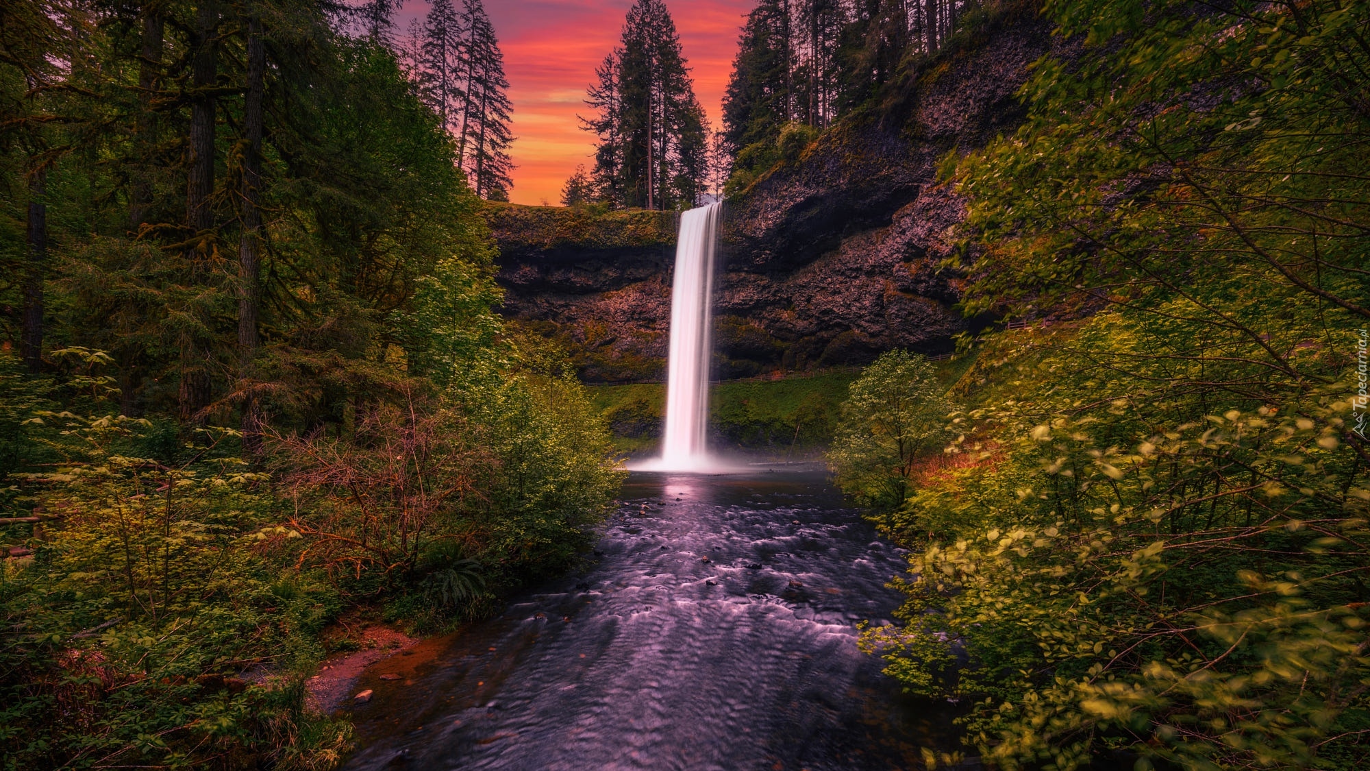 Stany Zjednoczone, Oregon, Park stanowy, Silver Falls State Park, Wodospad, South Falls, Drzewa, Zachód słońca, Skały