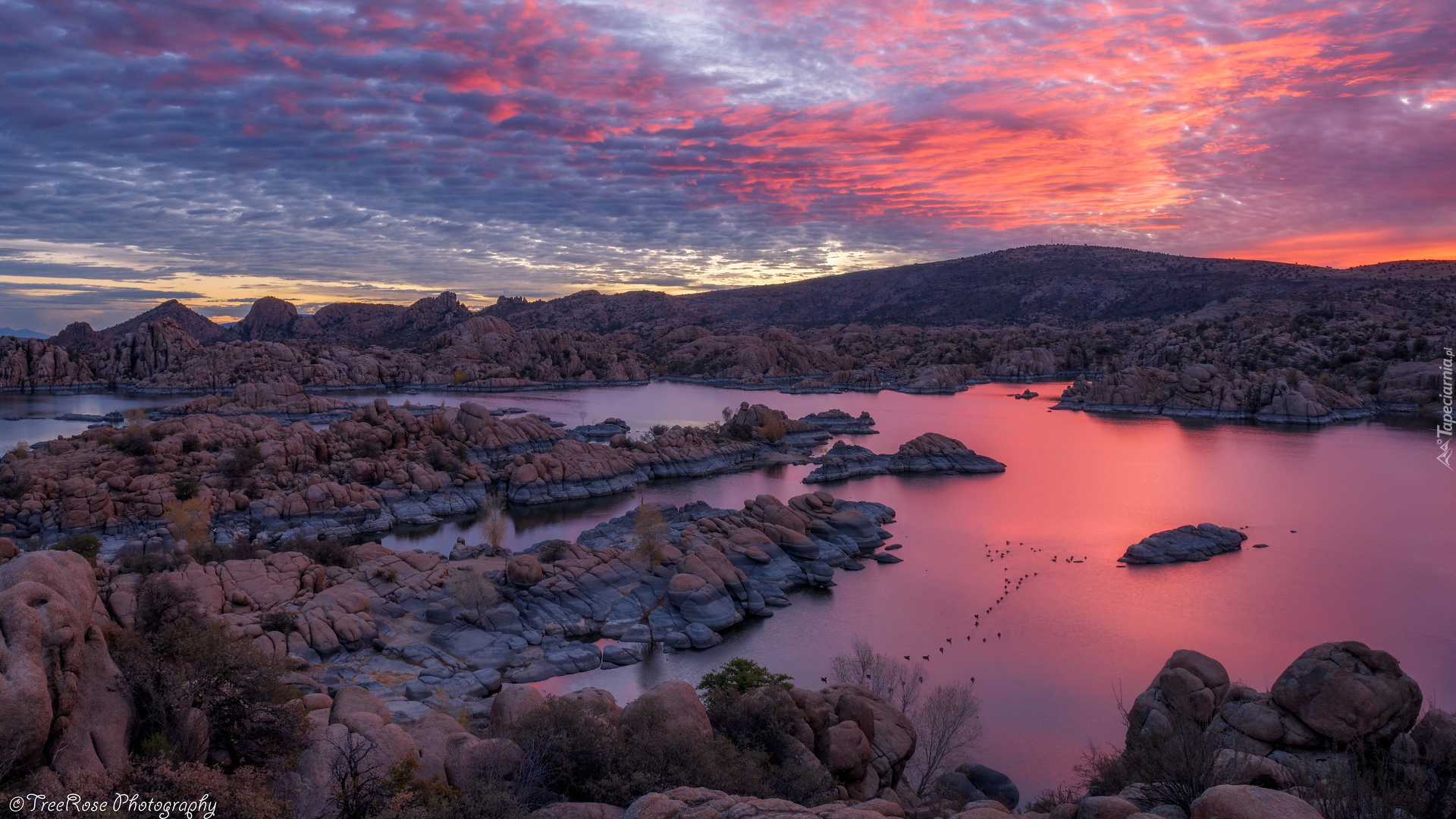 Wschód słońca, Jezioro, Watson Lake, Skały, Prescott, Arizona, Stany Zjednoczone
