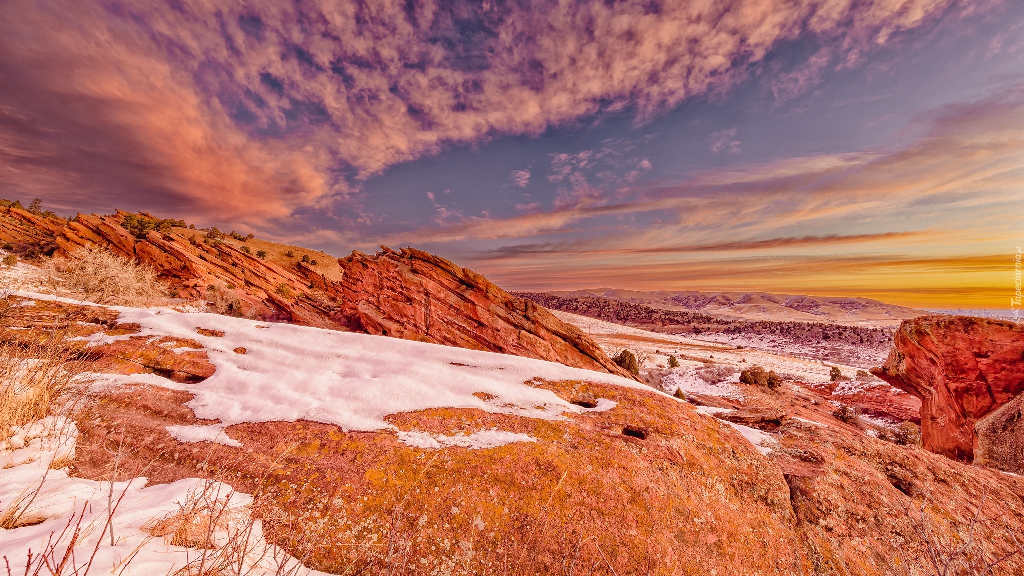 Wschód słońca, Skały, Red Rocks Park, Kolorado, Stany Zjednoczone