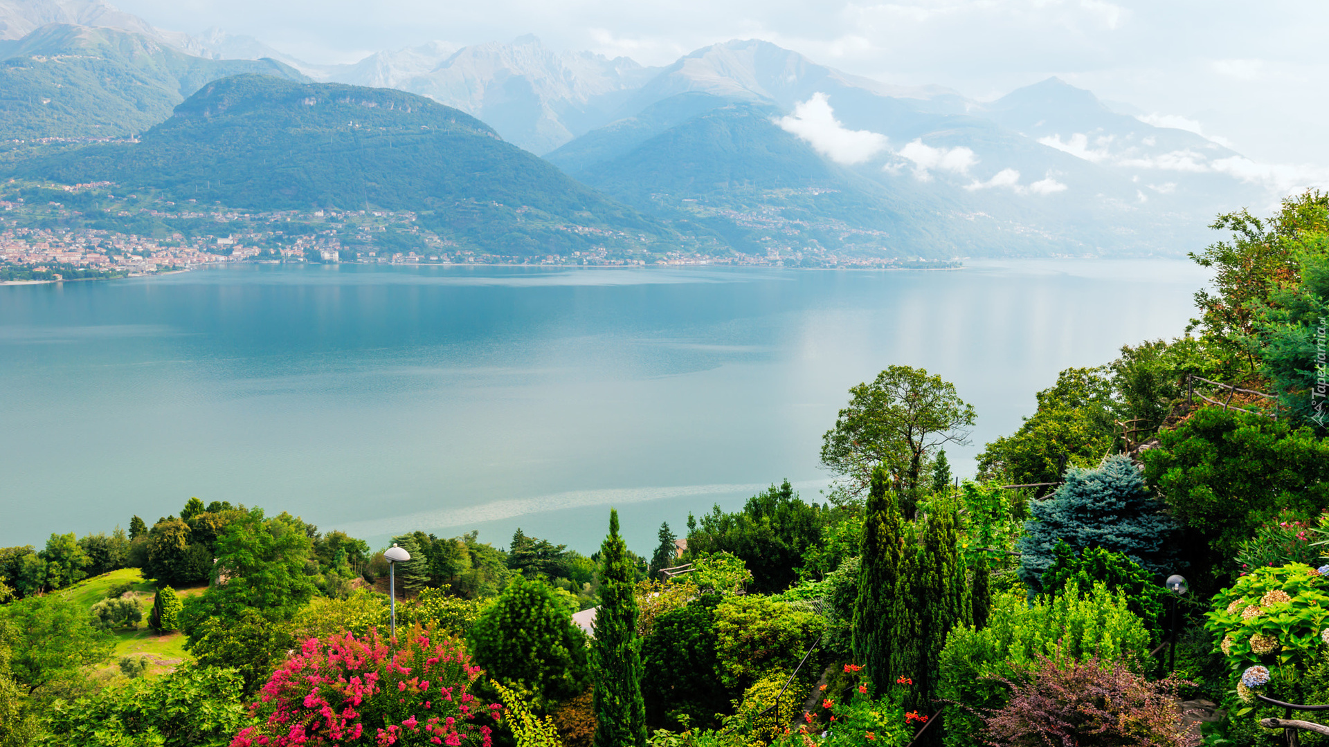 Góry, Drzewa, Ogród, Kwiaty, Jezioro Como, Lombardia, Włochy