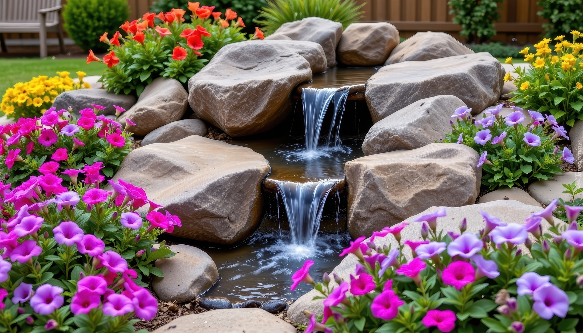 Ogród, Kwiaty, Petunie, Kaskada, Kamienie