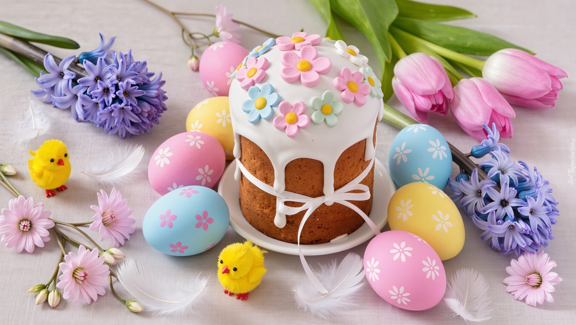 Wielkanoc, Babka, Pisanki, Kwiaty, Tulipany, Hiacynty