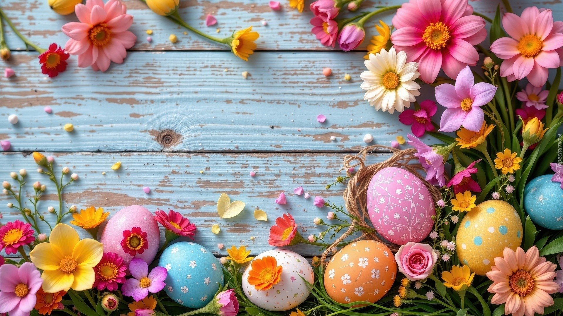 Wielkanoc, Kolorowe, Pisanki, Kolorowe, Kwiaty, Stare, Deski, Sznurek