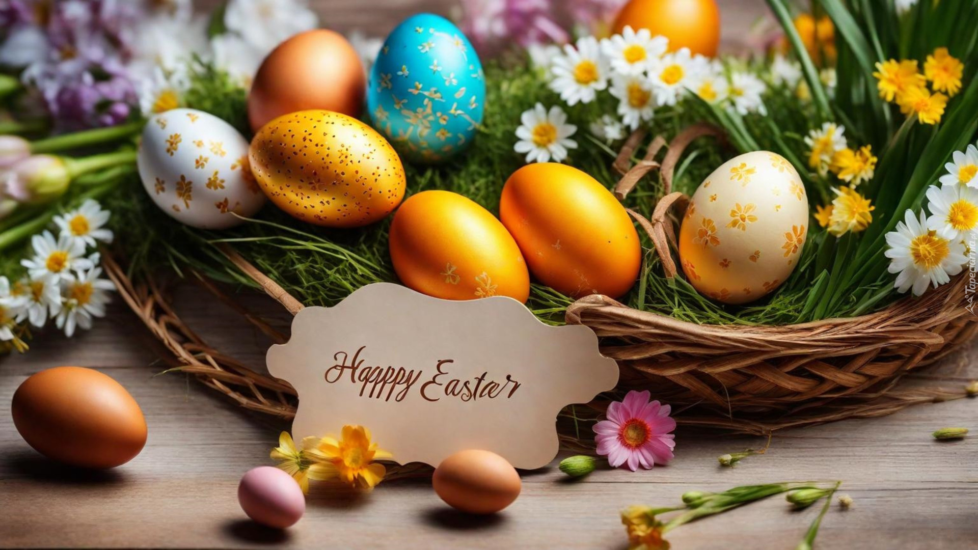Wielkanoc, Koszyk, Pisanki, Kwiaty, Kartka, Napis, Happy Easter