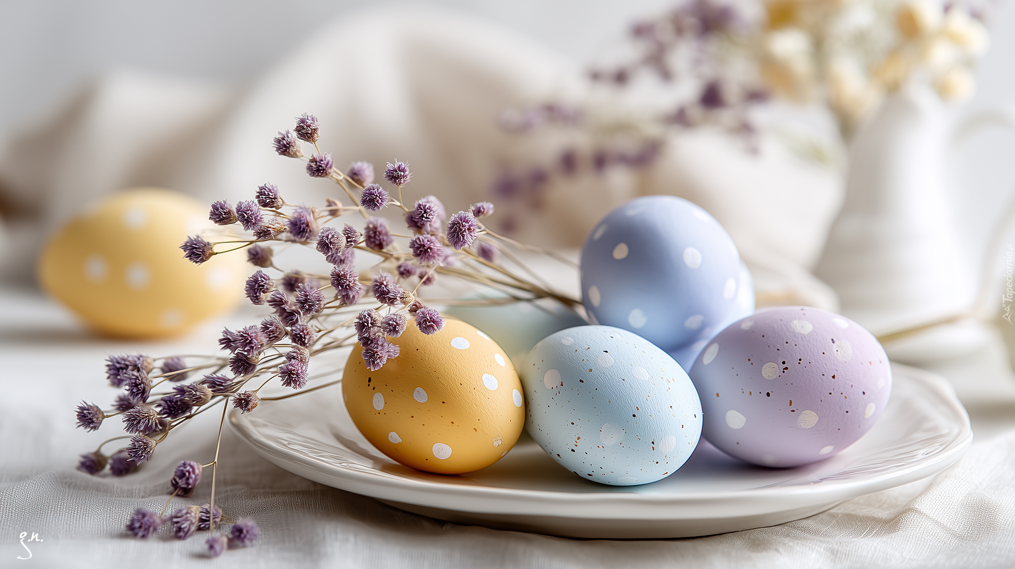 Wielkanoc, Kolorowe, Jajka, Biały, Talerzyk, Suche, Kwiaty, Grafika AI