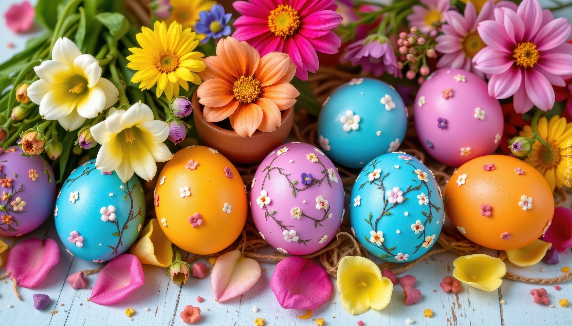 Kolorowe, Jajka, Pisanki, Kwiaty, Płatki, Wielkanoc