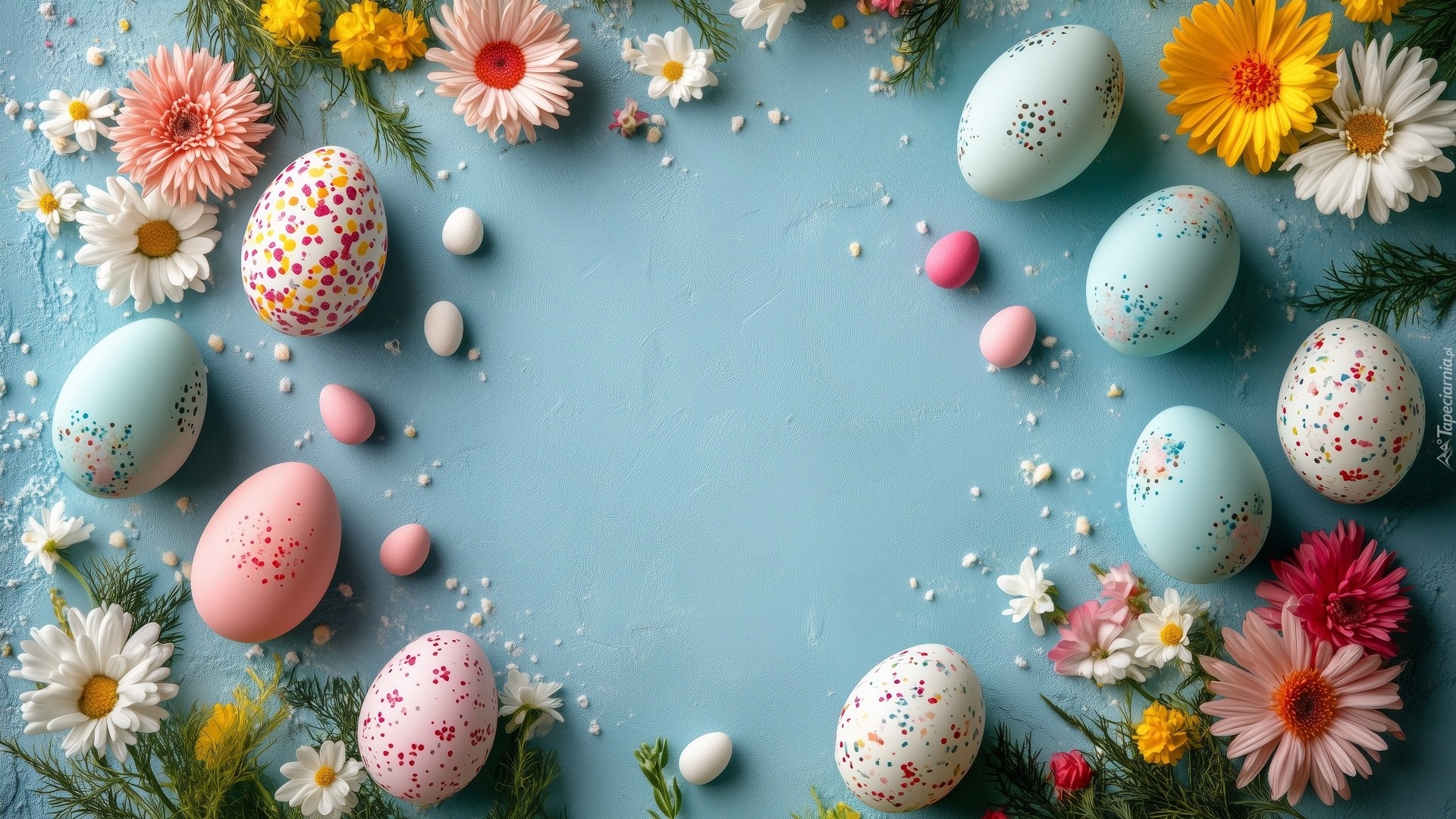 Wielkanoc, Kolorowe, Pisanki, Kolorowe, Kwiaty, Niebieskie, Tło