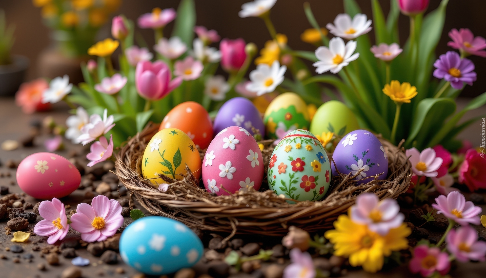 Wielkanoc, Kolorowe, Pisanki, Gniazdko, Kwiaty
