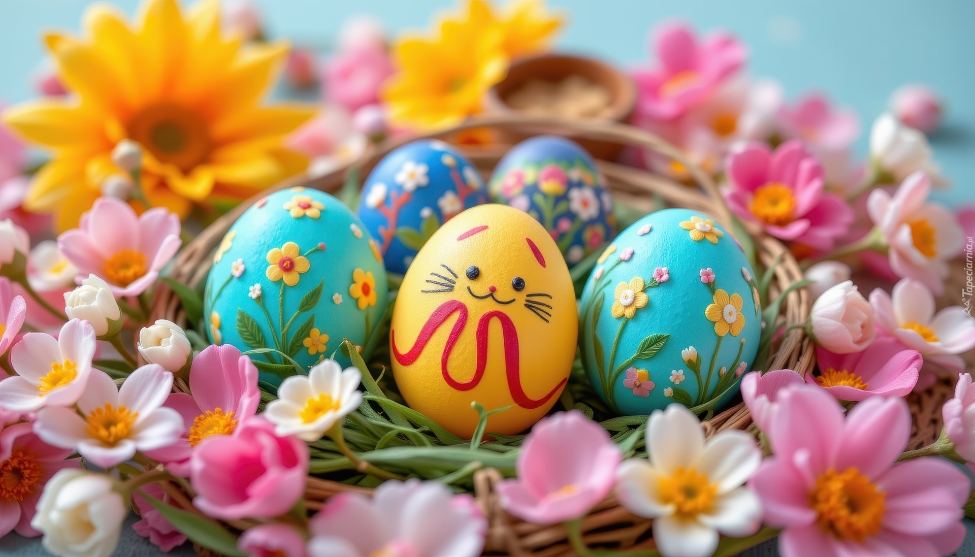 Wielkanoc, Pisanki, Gniazdko, Kwiaty