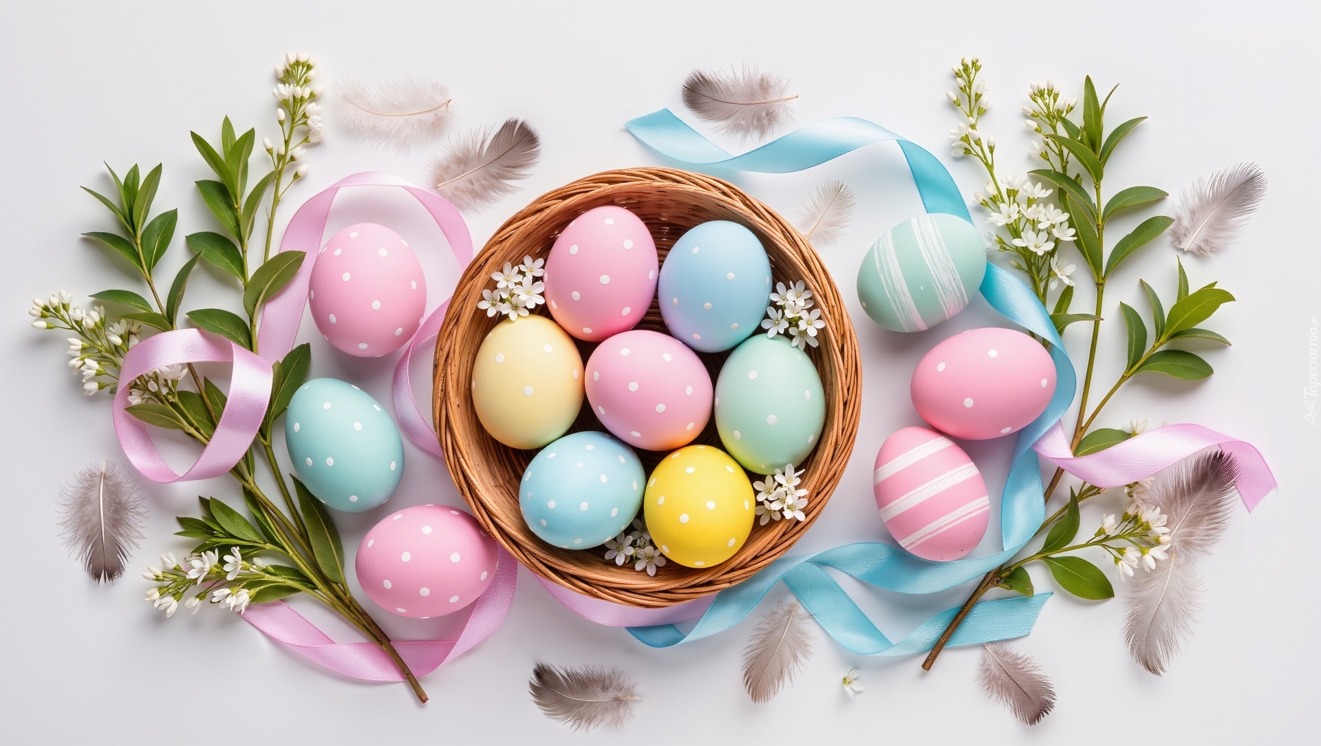 Wielkanoc, Pisanki, Koszyk, Gałązki, Wstążka, AI