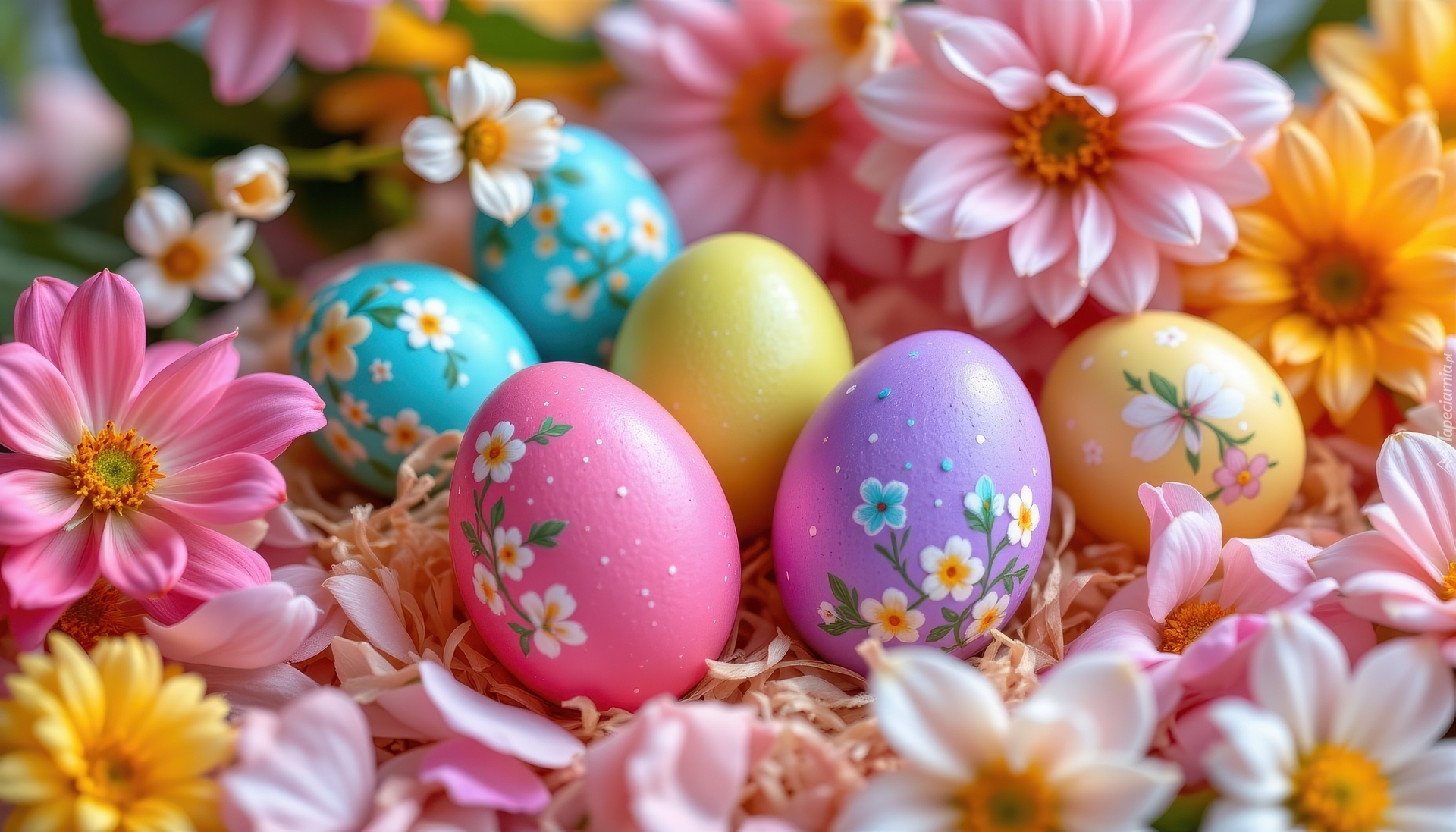Kolorowe, Jajka, Pisanki, Kwiaty, Wielkanoc