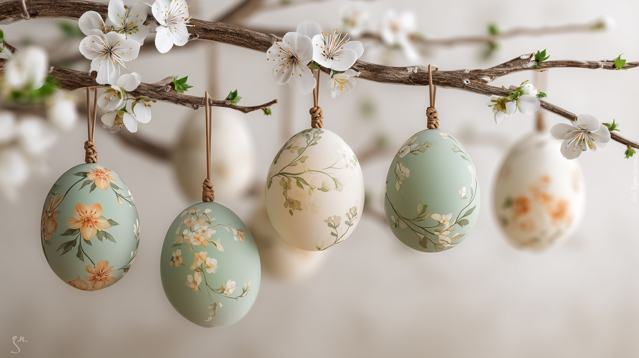 Pisanki, Gałązka, Białe kwiaty, Wielkanoc, Grafika AI
