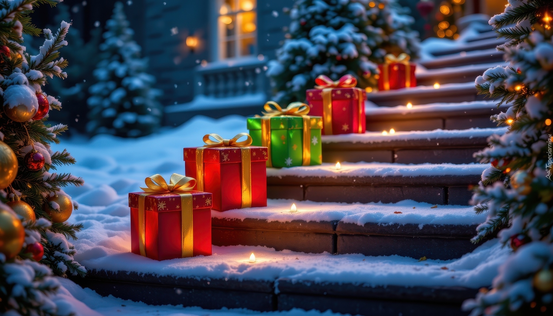 Choinki, Świąteczne, Prezenty, Schody, Światła, Grafika AI